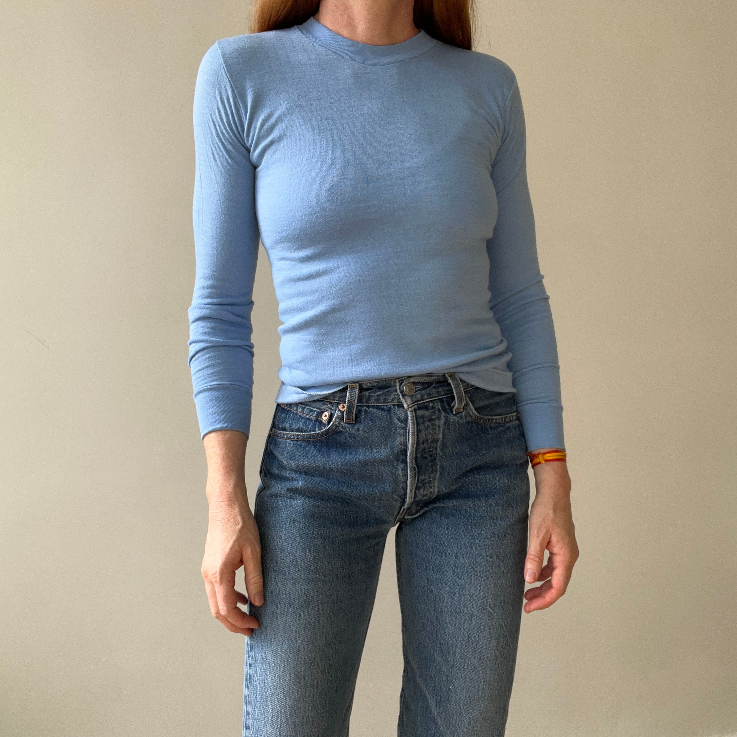 1970s Baby Blue Thermal Style Long Sleeve T Shirt