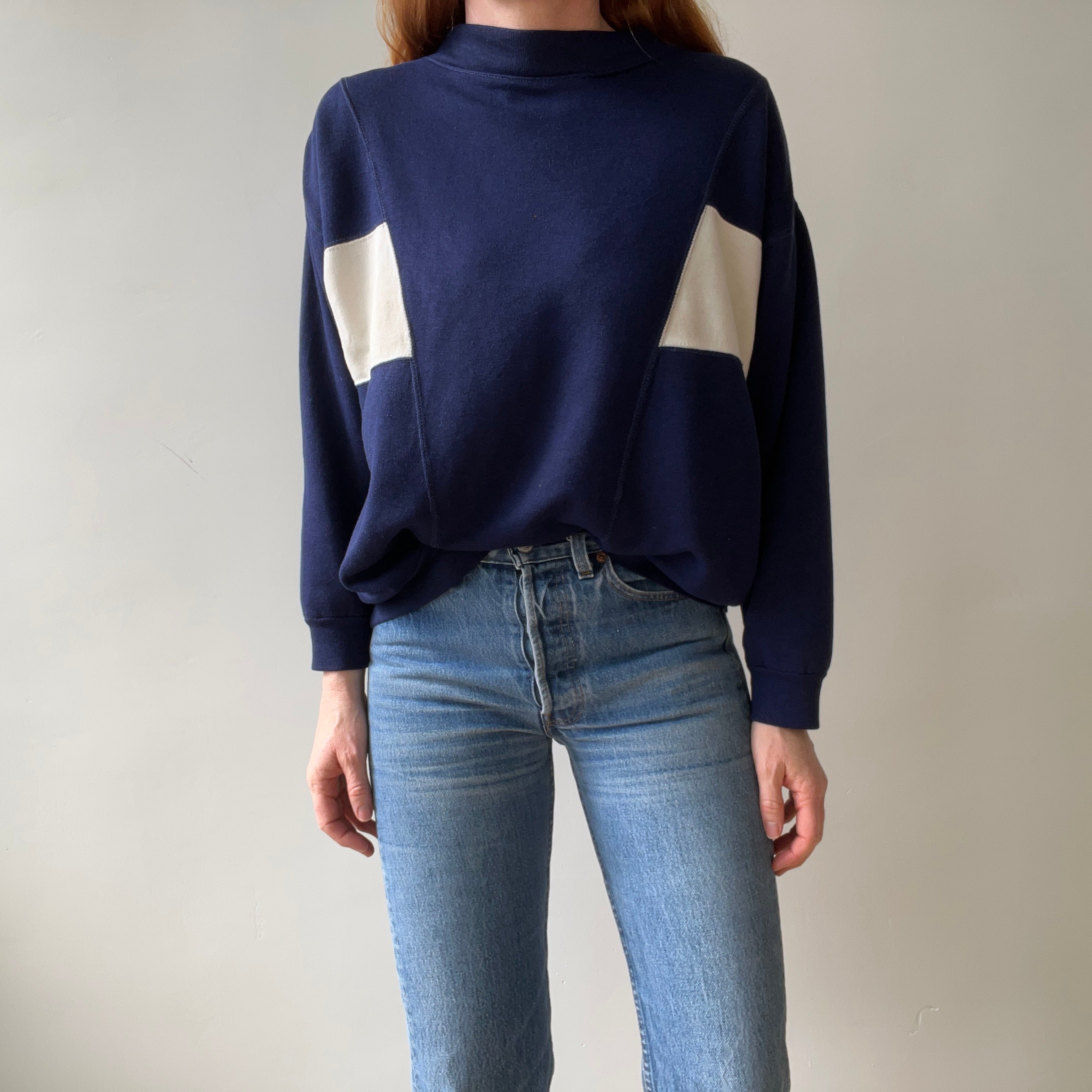 1980s Two Tone Navy and White Soft and Slouchy Sweatshirt