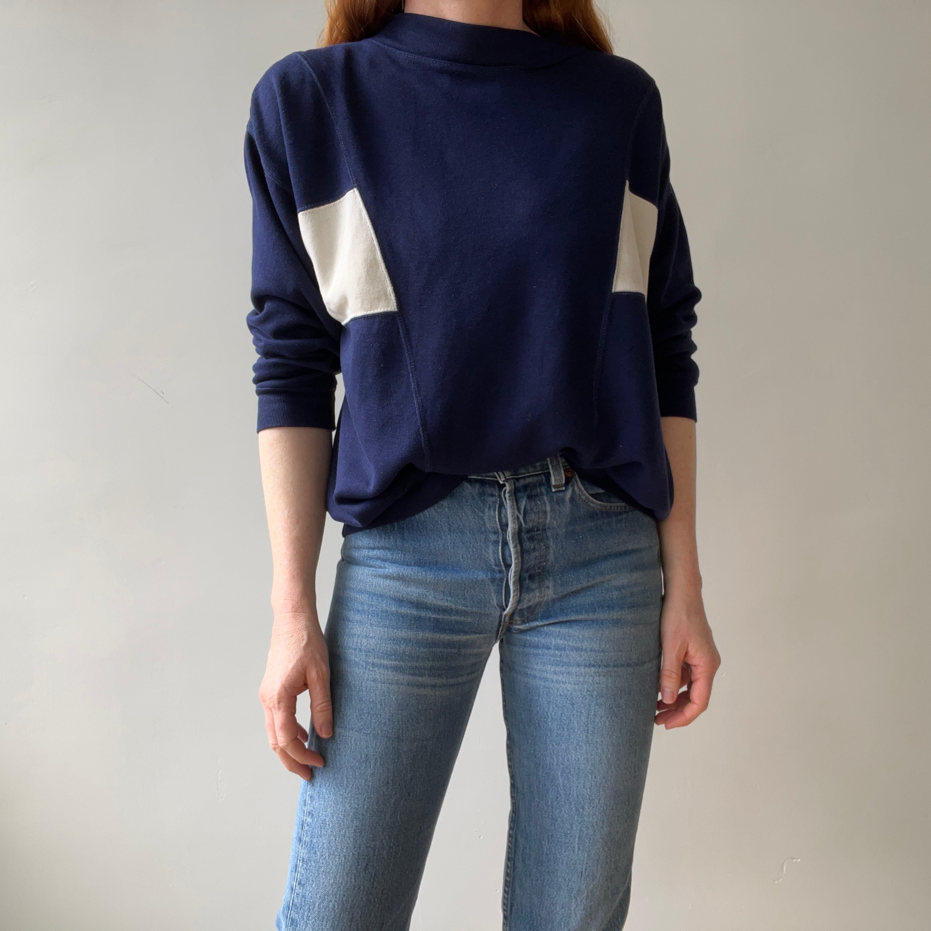1980s Two Tone Navy and White Soft and Slouchy Sweatshirt