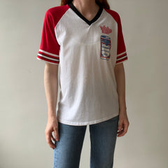 1985 - 1986 Whiskey River Bud Short Sleeve Two Tone Baseball T-Shirt - Staining and Wear