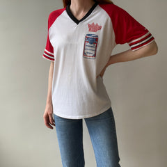 1985 - 1986 Whiskey River Bud Short Sleeve Two Tone Baseball T-Shirt - Staining and Wear