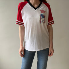 1985 - 1986 Whiskey River Bud Short Sleeve Two Tone Baseball T-Shirt - Staining and Wear