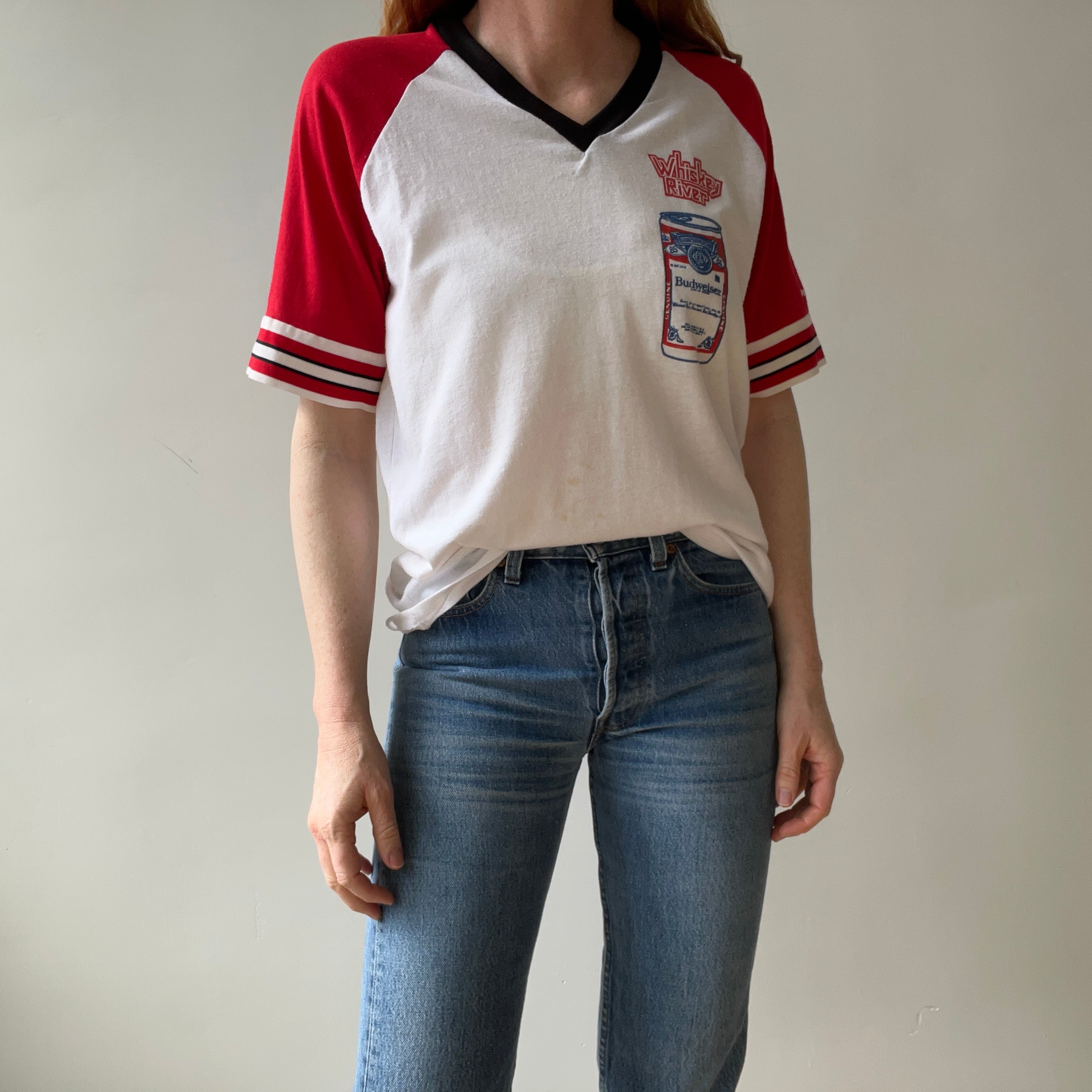 1985 - 1986 Whiskey River Bud Short Sleeve Two Tone Baseball T-Shirt - Staining and Wear