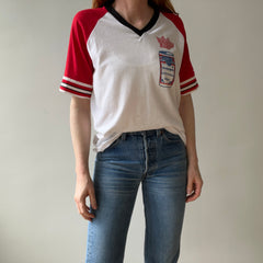 1985 - 1986 Whiskey River Bud Short Sleeve Two Tone Baseball T-Shirt - Staining and Wear