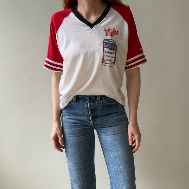 1985 - 1986 Whiskey River Bud Short Sleeve Two Tone Baseball T-Shirt - Staining and Wear