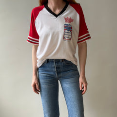 1985 - 1986 Whiskey River Bud Short Sleeve Two Tone Baseball T-Shirt - Staining and Wear