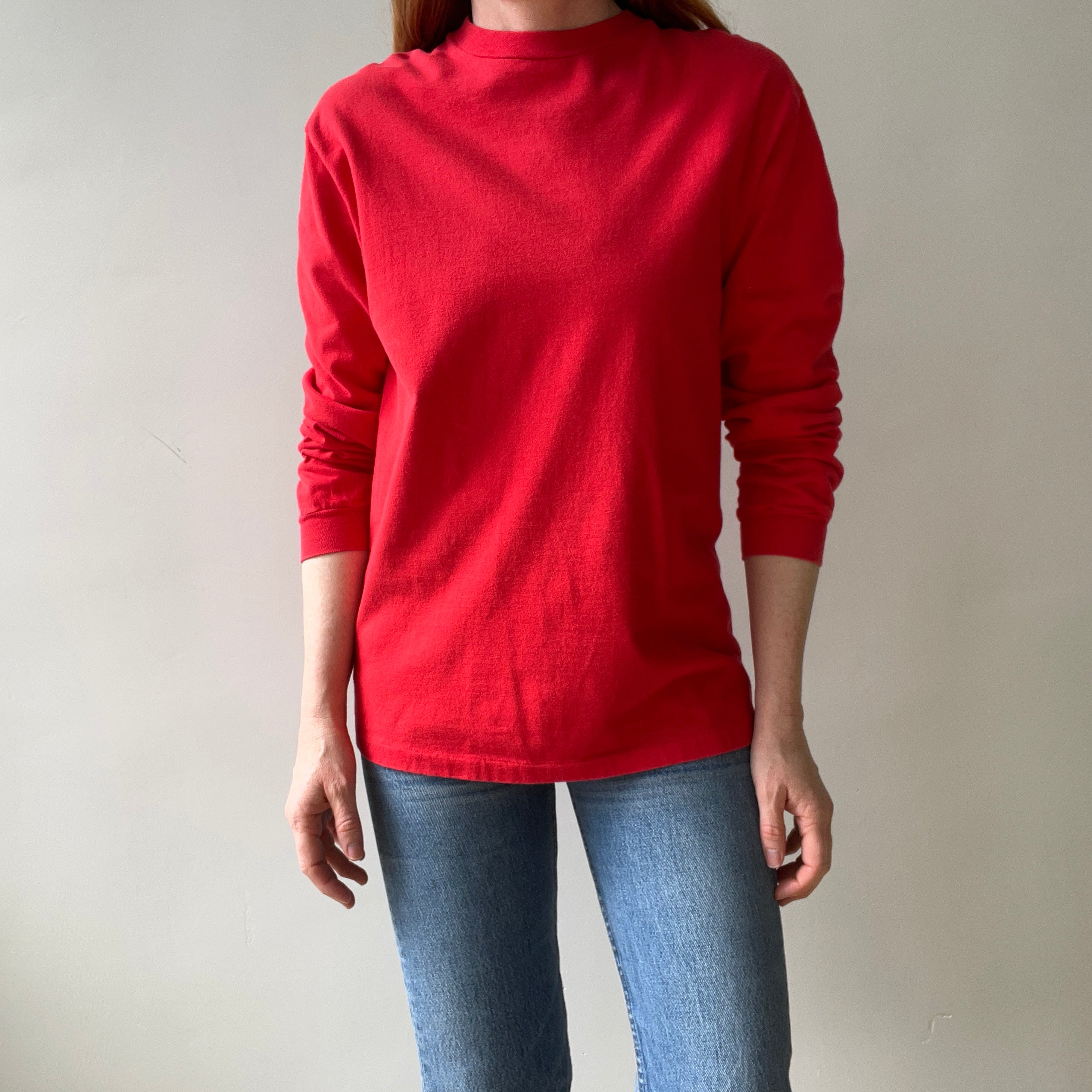 1980s Blank Red Cotton Hanes Long Sleeve T-Shirt