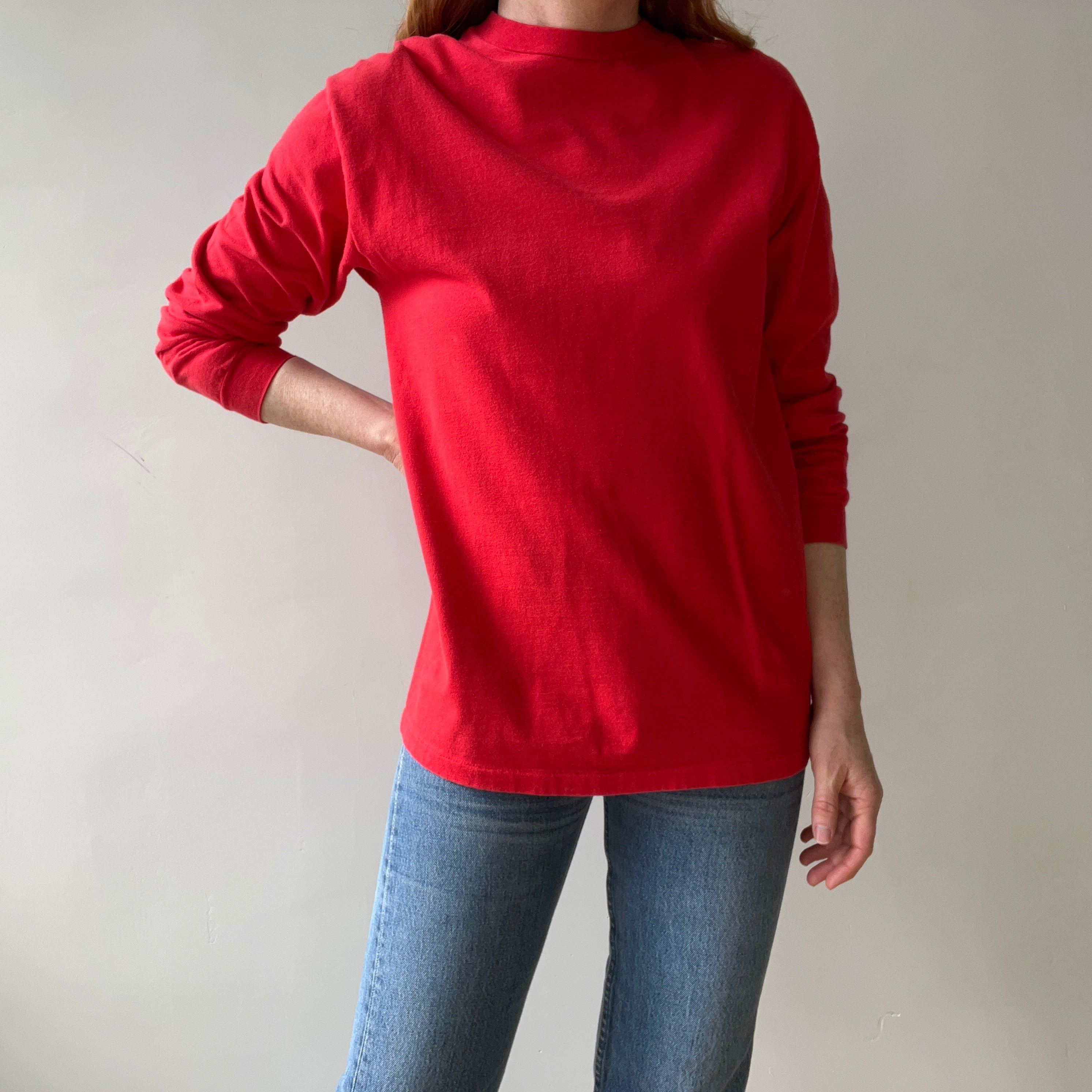 1980s Blank Red Cotton Hanes Long Sleeve T-Shirt