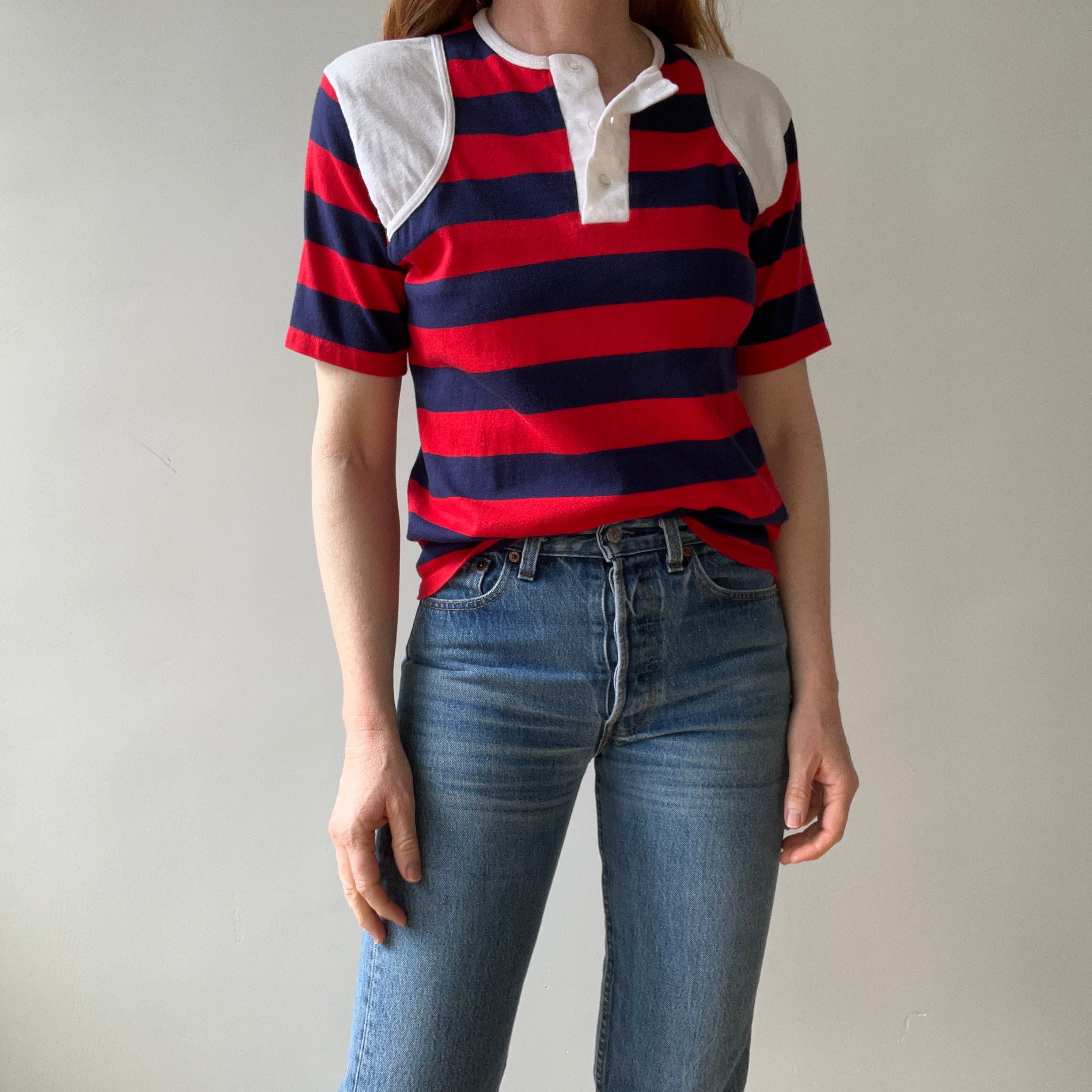 1970/80s Red, White and Blue Short Sleeve Striped Henley