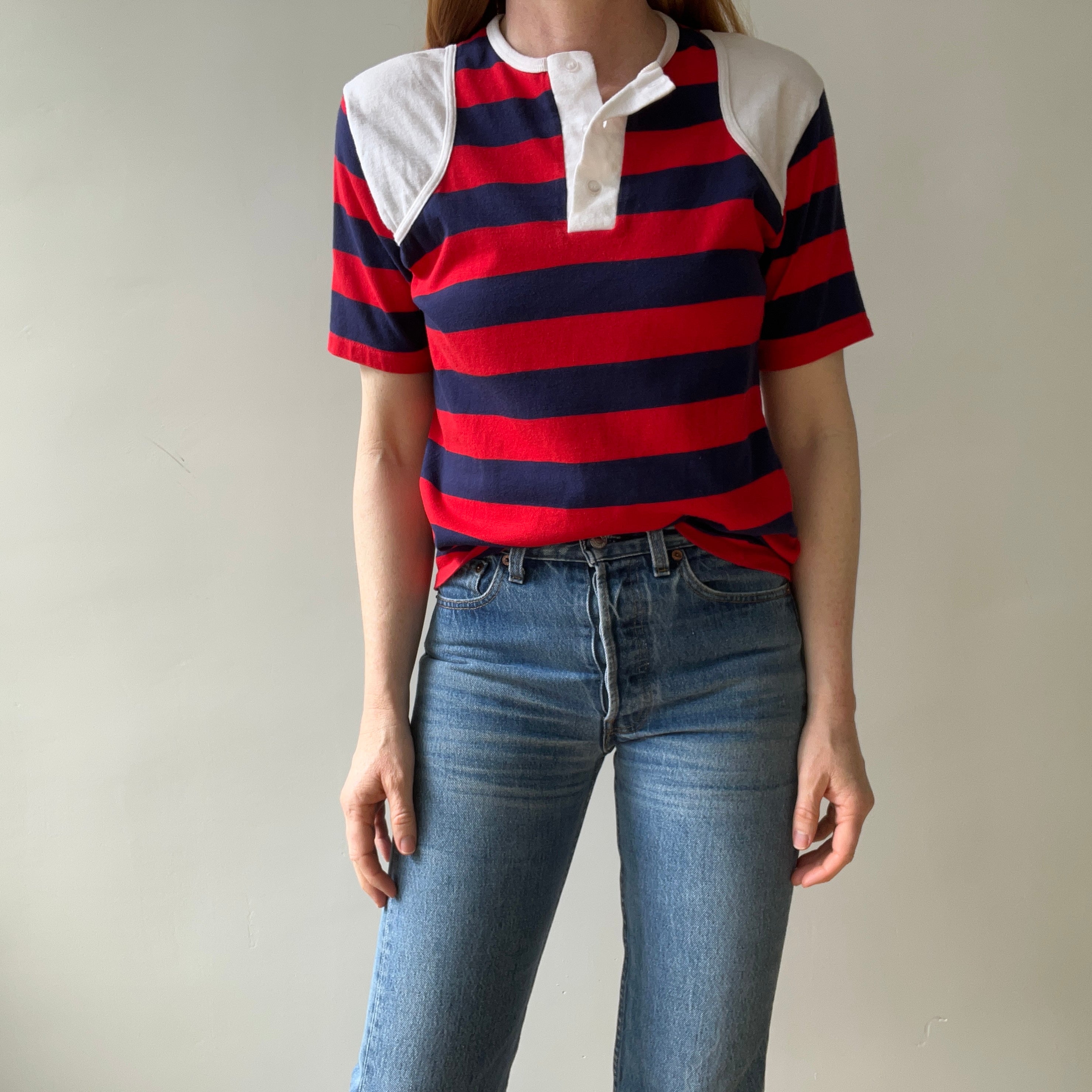 1970/80s Red, White and Blue Short Sleeve Striped Henley