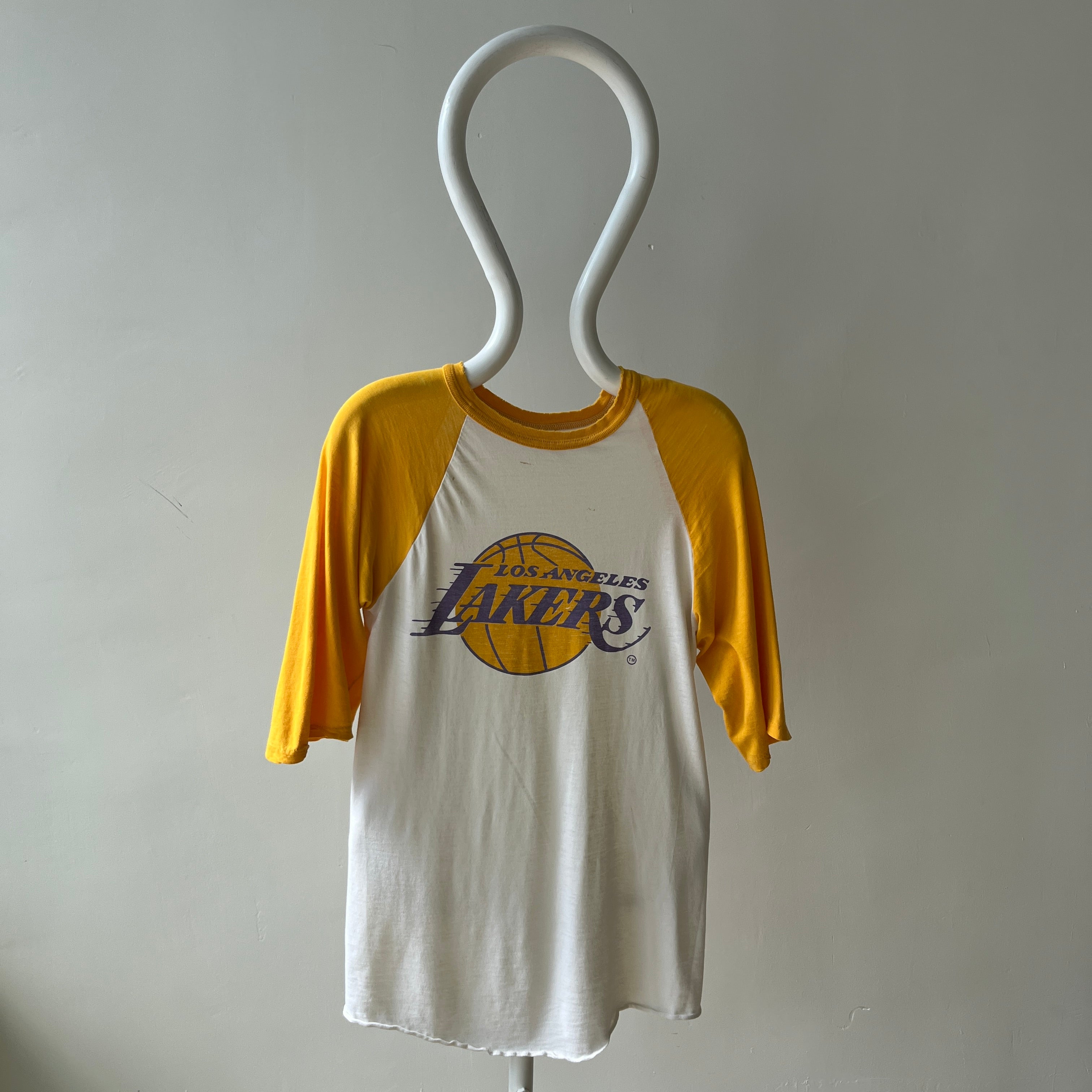 1980s Tattered and Thinned Out Showtime Los Angeles Lakers Base Ball T-Shirt - !!!!!