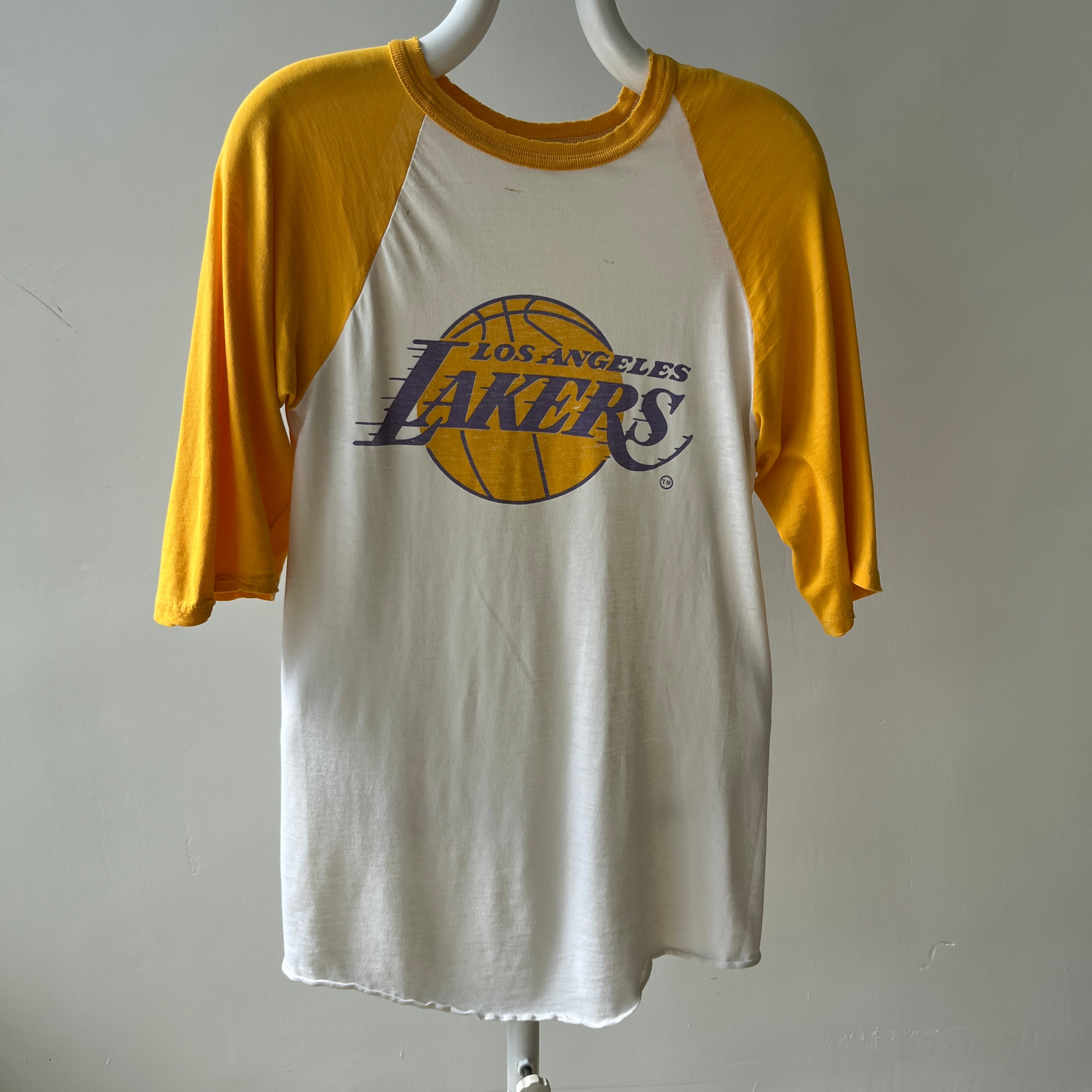 1980s Tattered and Thinned Out Showtime Los Angeles Lakers Base Ball T-Shirt - !!!!!