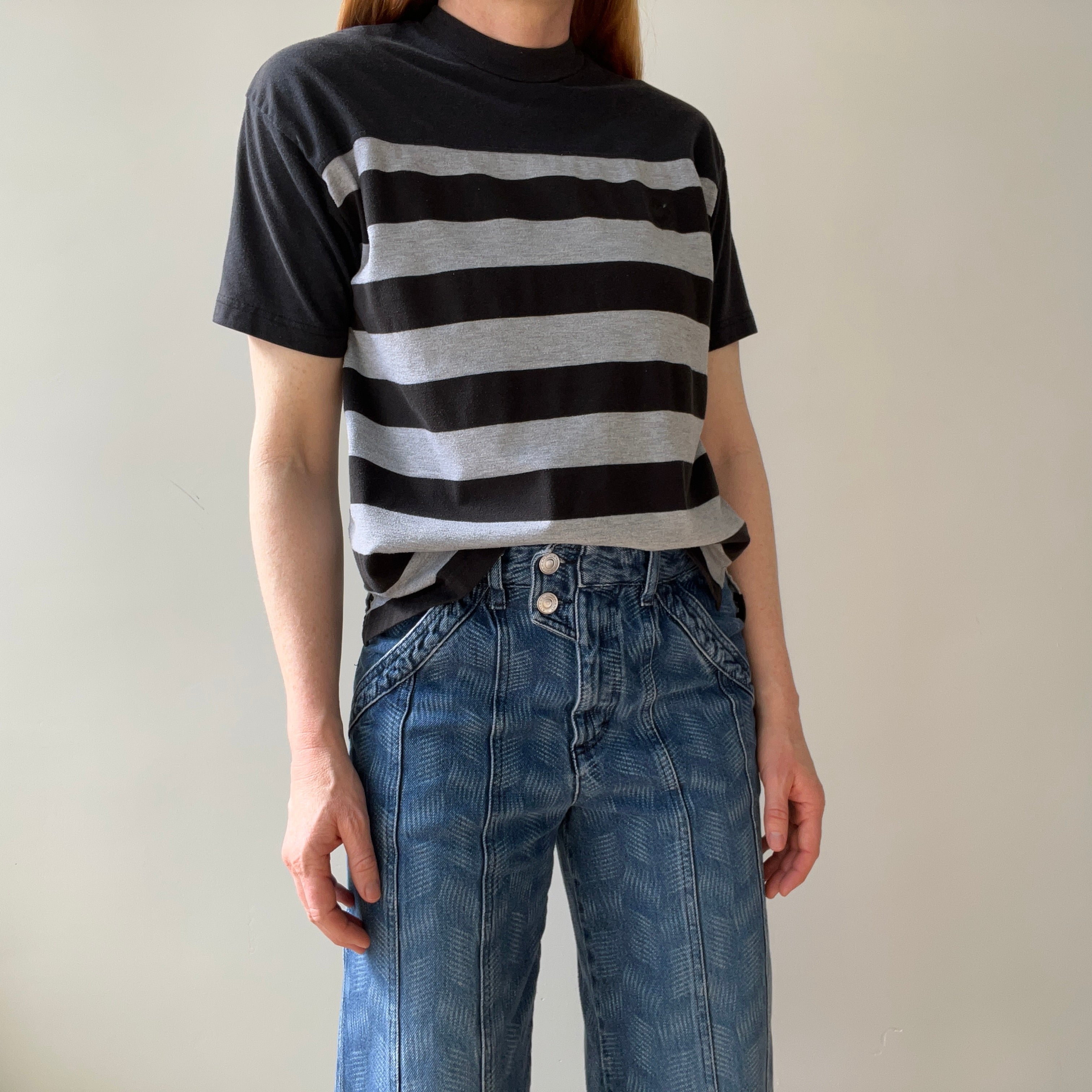 1980s Black and Gray Striped T-Shirt
