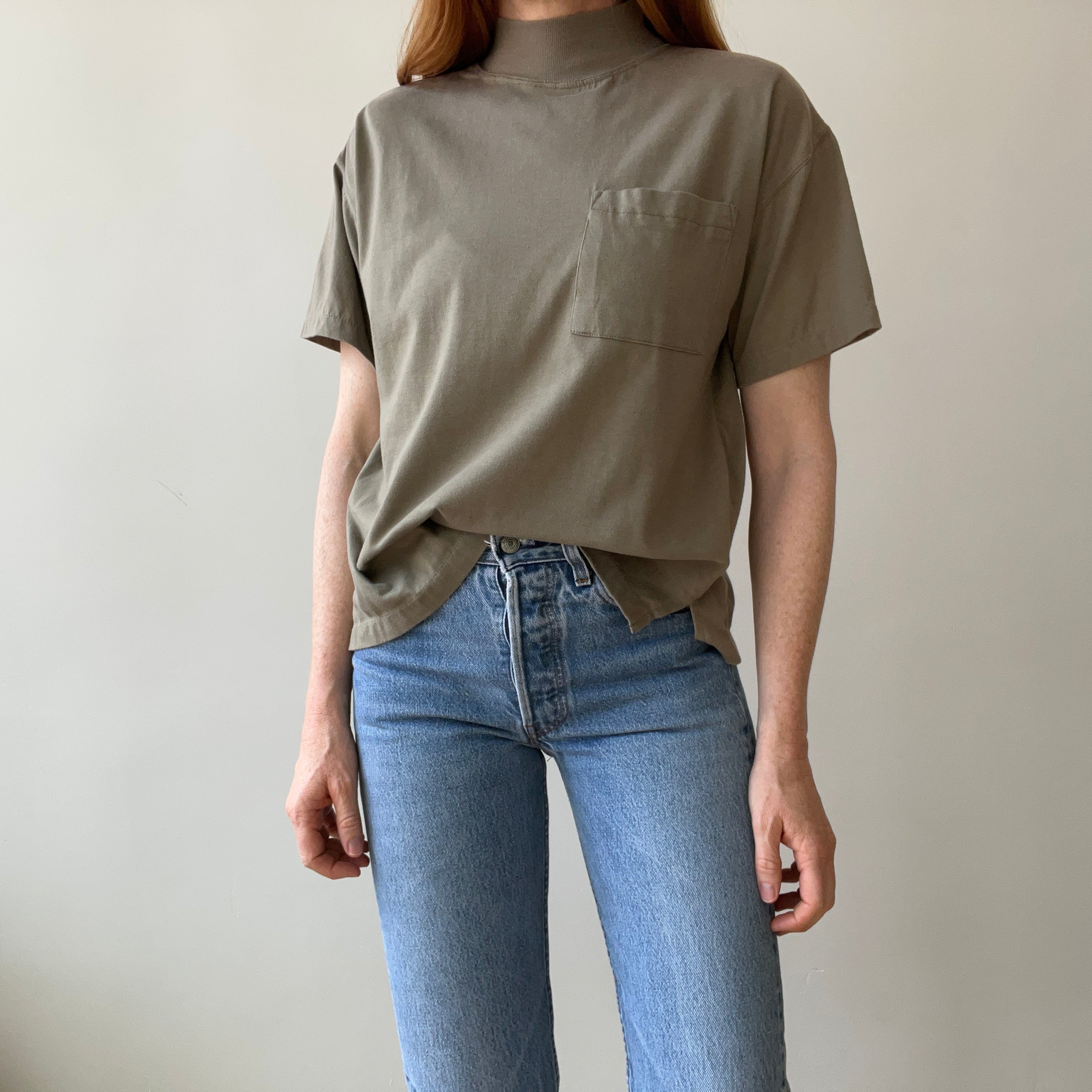 1980s Olive/Khaki Mock Neck Pocket T-Shirt