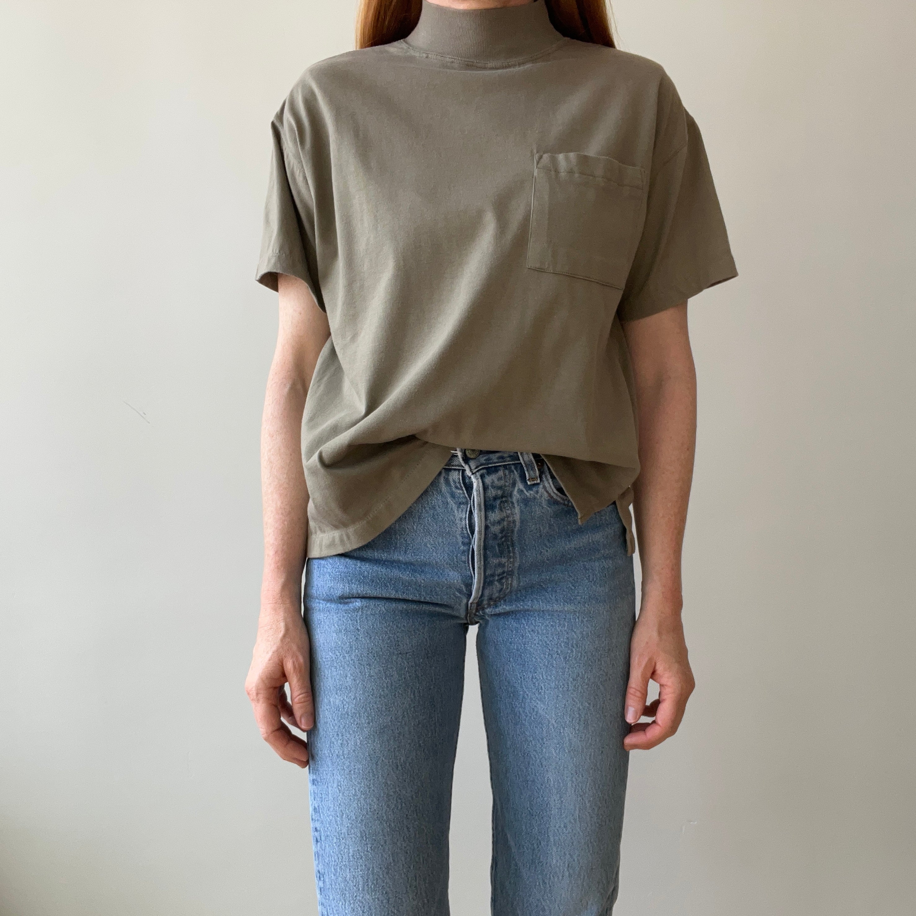 1980s Olive/Khaki Mock Neck Pocket T-Shirt