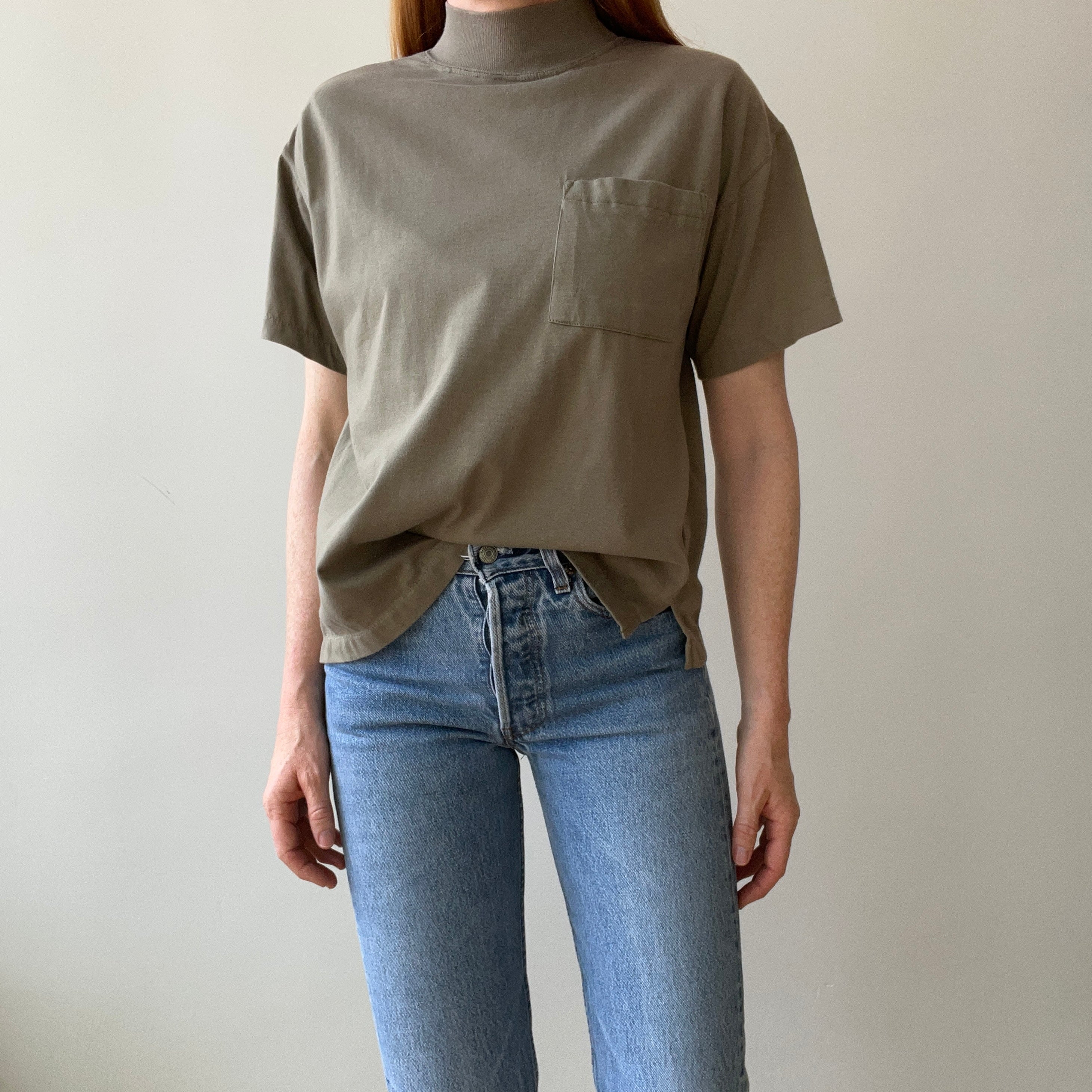 1980s Olive/Khaki Mock Neck Pocket T-Shirt