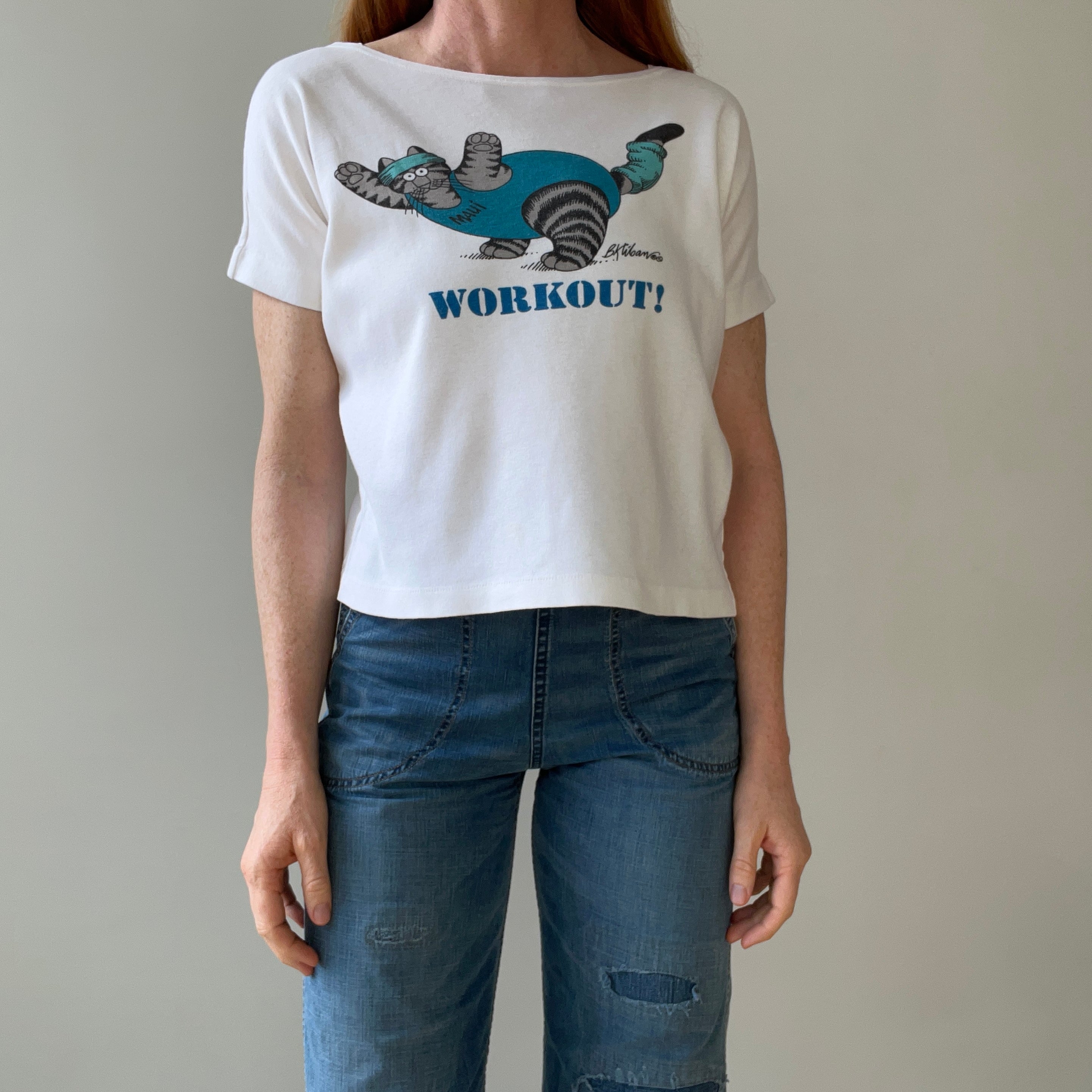 1980s Scoop Neck Workout Cat T Shirt - Crazy Shirt Brand Alert!