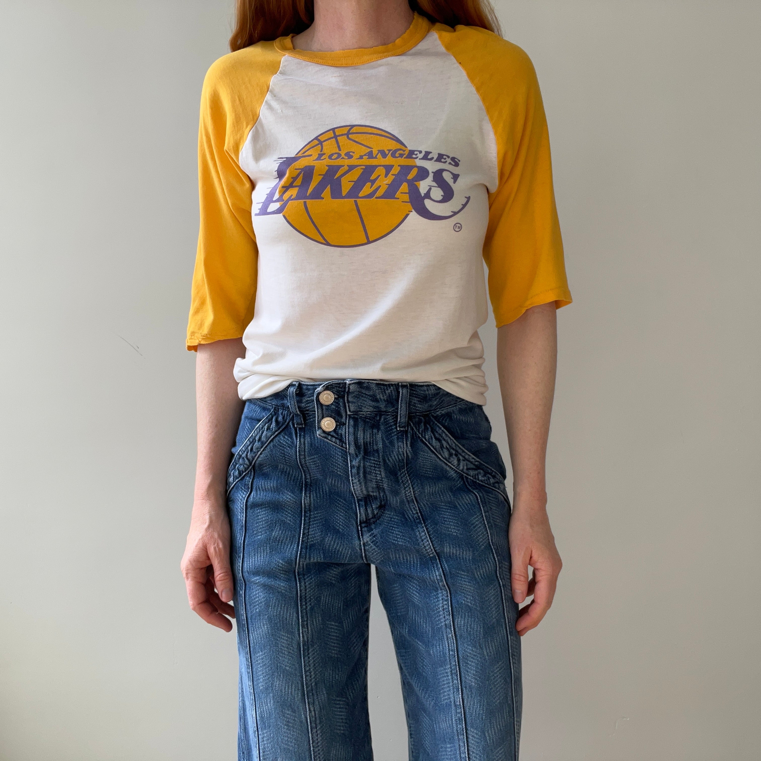 1980s Tattered and Thinned Out Showtime Los Angeles Lakers Base Ball T-Shirt - !!!!!