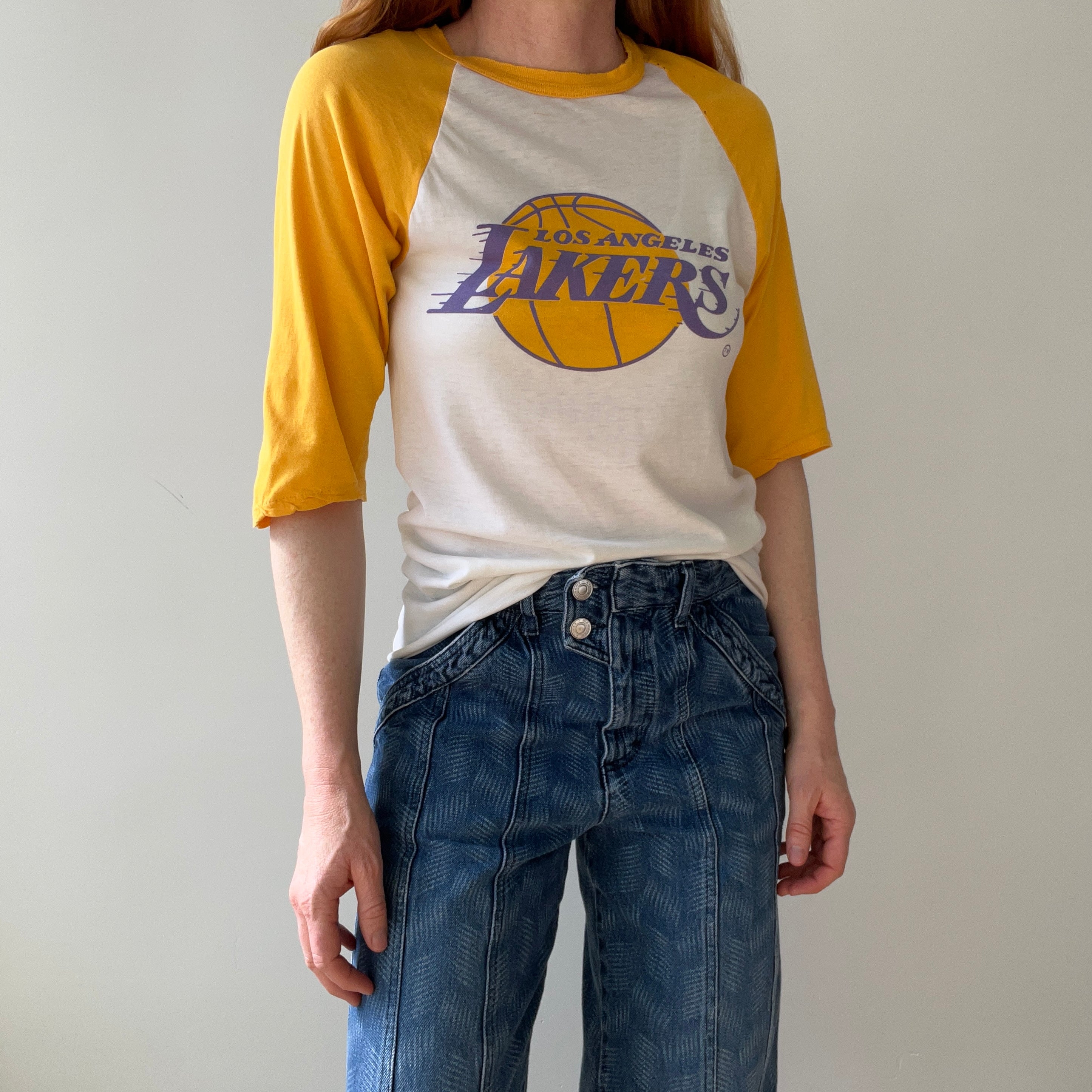 1980s Tattered and Thinned Out Showtime Los Angeles Lakers Base Ball T-Shirt - !!!!!