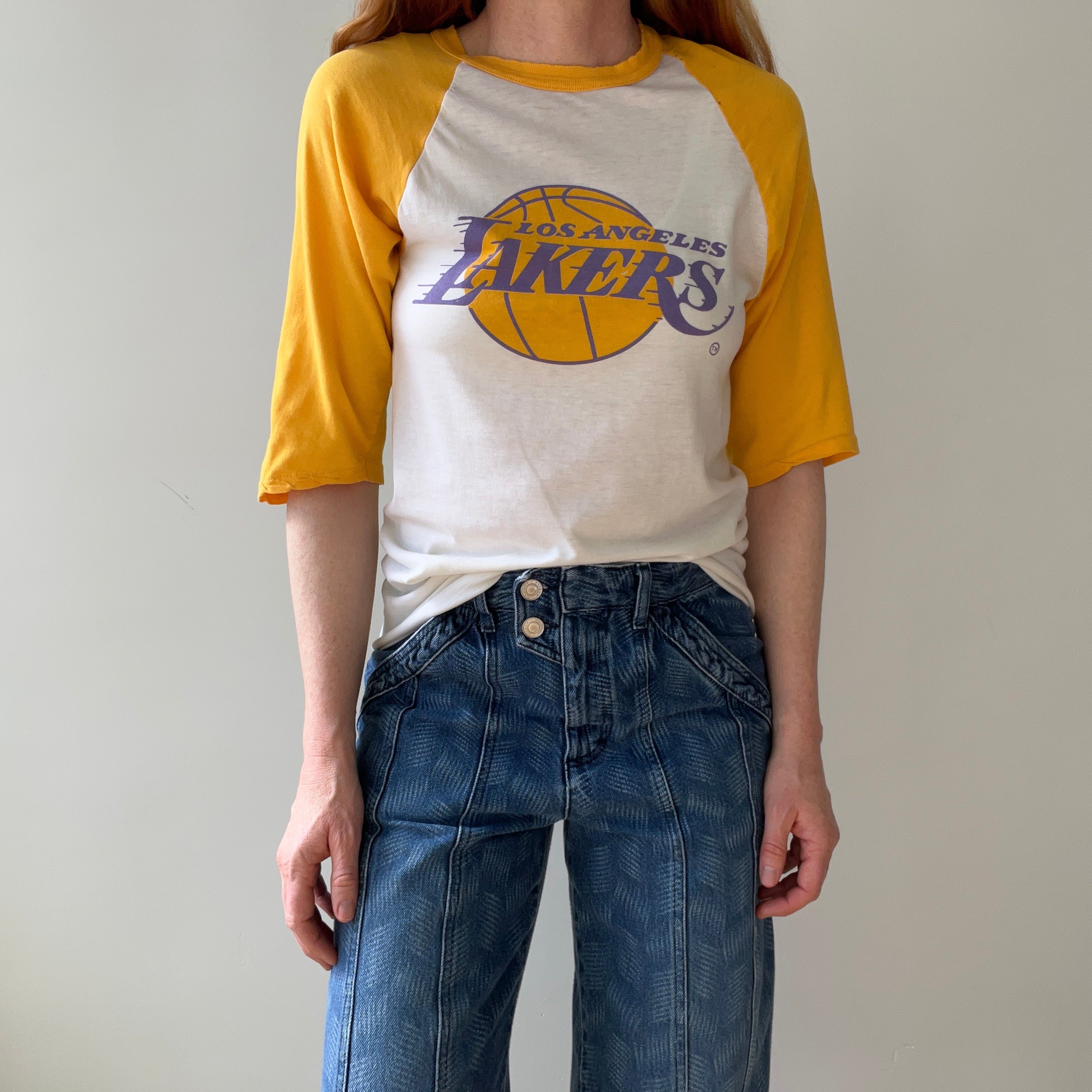 1980s Tattered and Thinned Out Showtime Los Angeles Lakers Base Ball T-Shirt - !!!!!