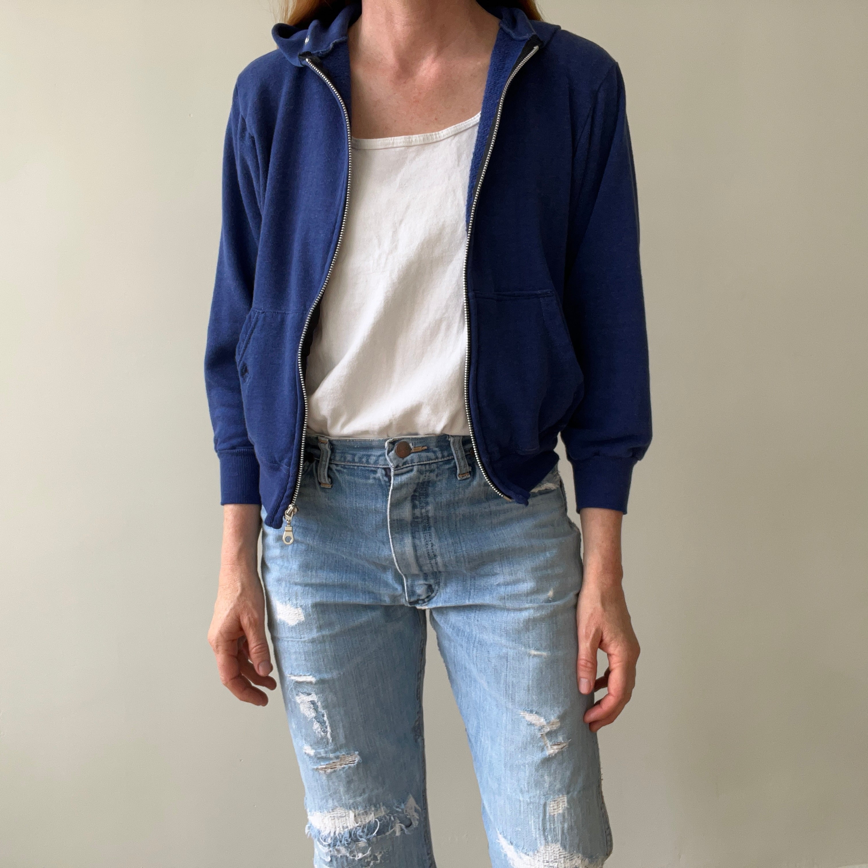 1970/80s Sears Soft and Slouchy Navy Hoodie (Replaced Zipper) - Dreamy w Mending