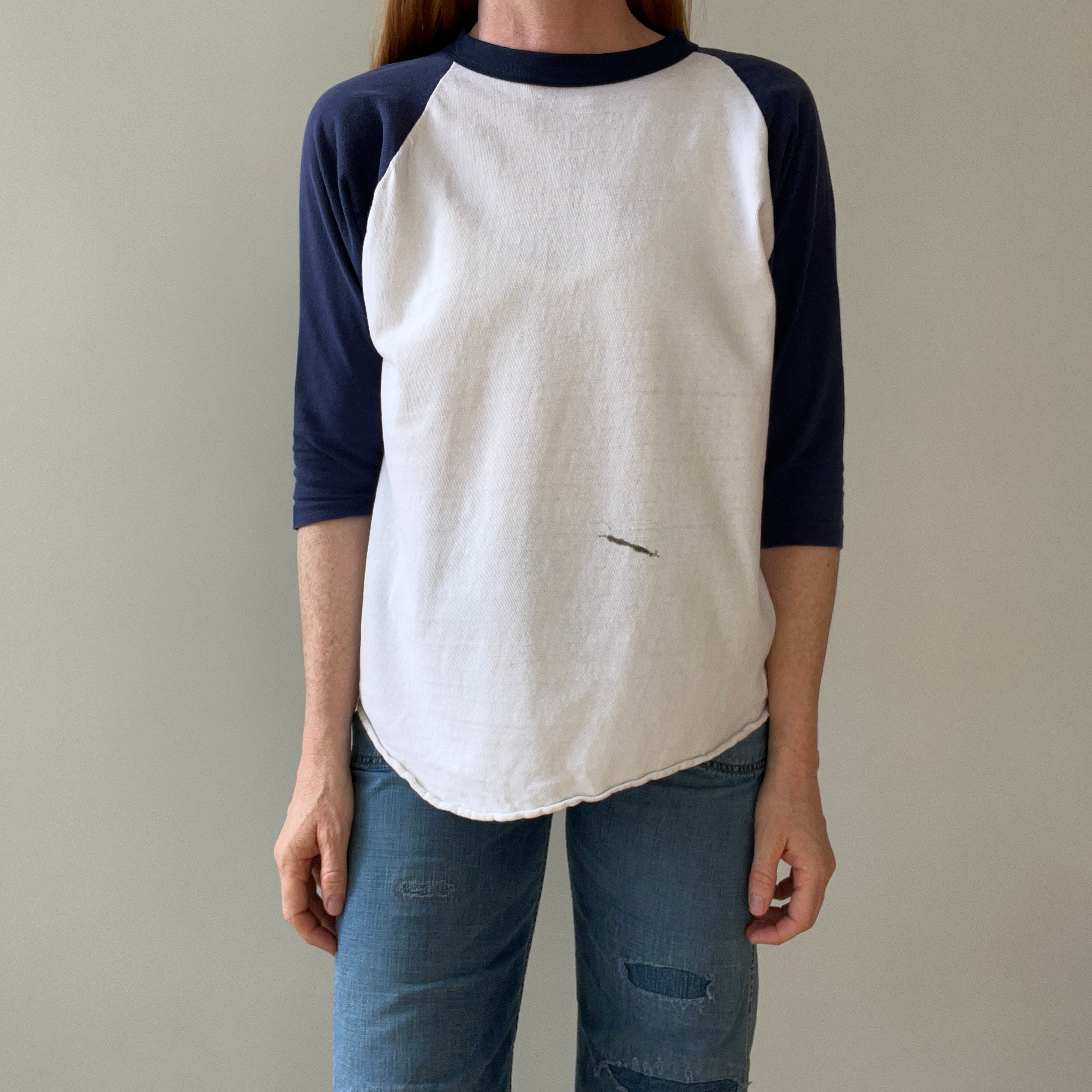 1970s Navy Three Quarter Sleeve Baseball Style T Shirt - !!! Personal Collection Piece