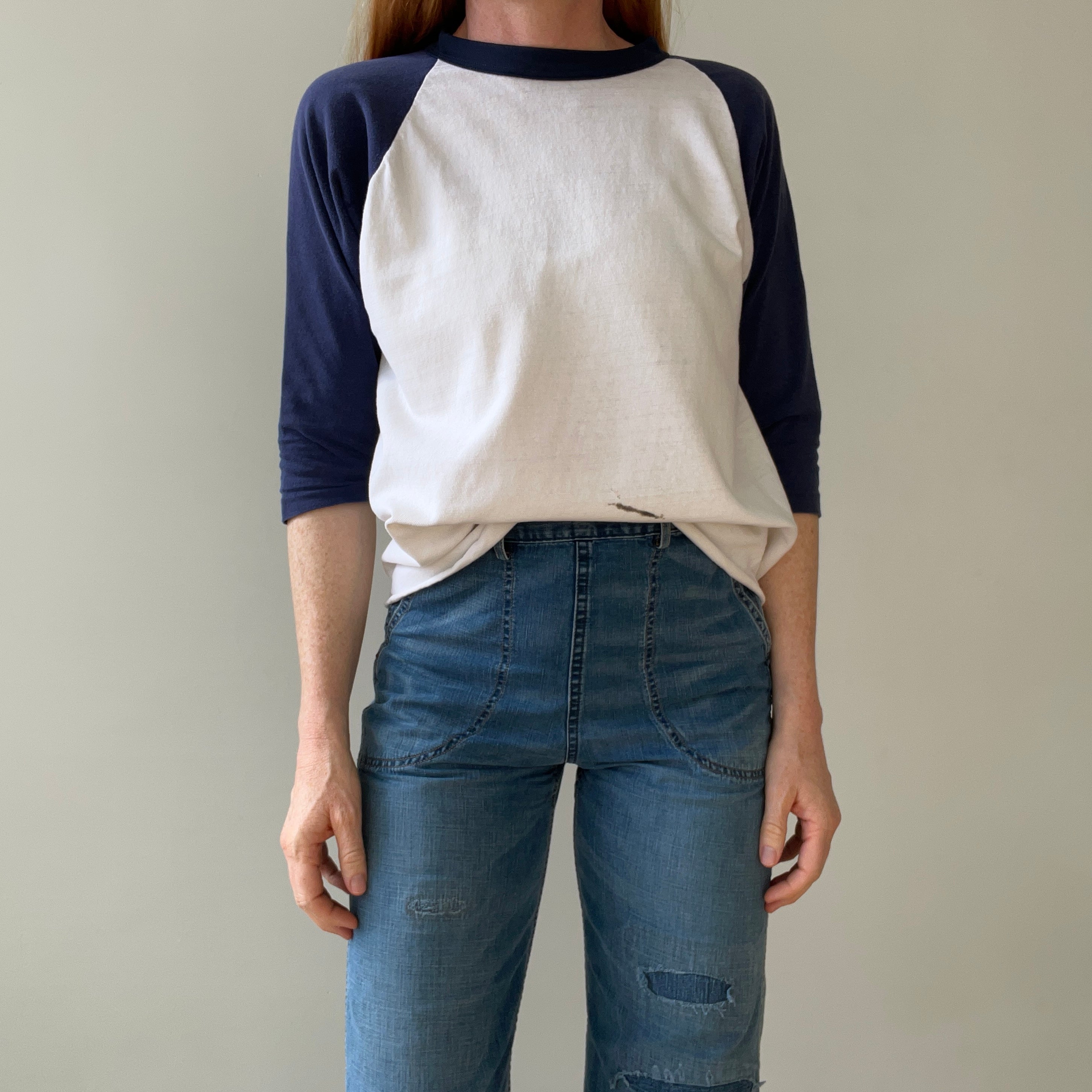 1970s Navy Three Quarter Sleeve Baseball Style T Shirt - !!! Personal Collection Piece