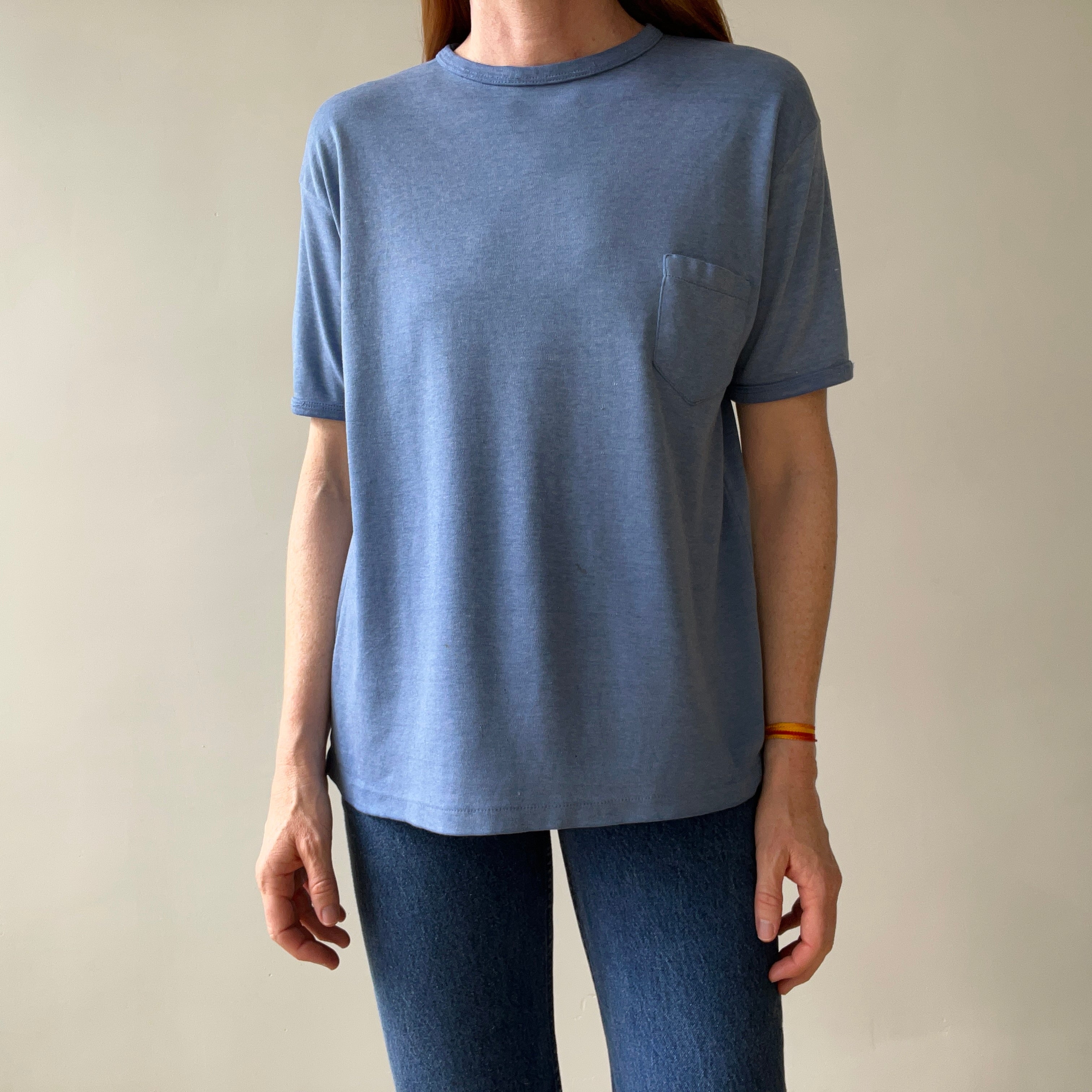 1970s Blank Faded Blue Pocket Ringer T Shirt - Cotton Knit