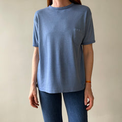 1970s Blank Faded Blue Pocket Ringer T Shirt - Cotton Knit