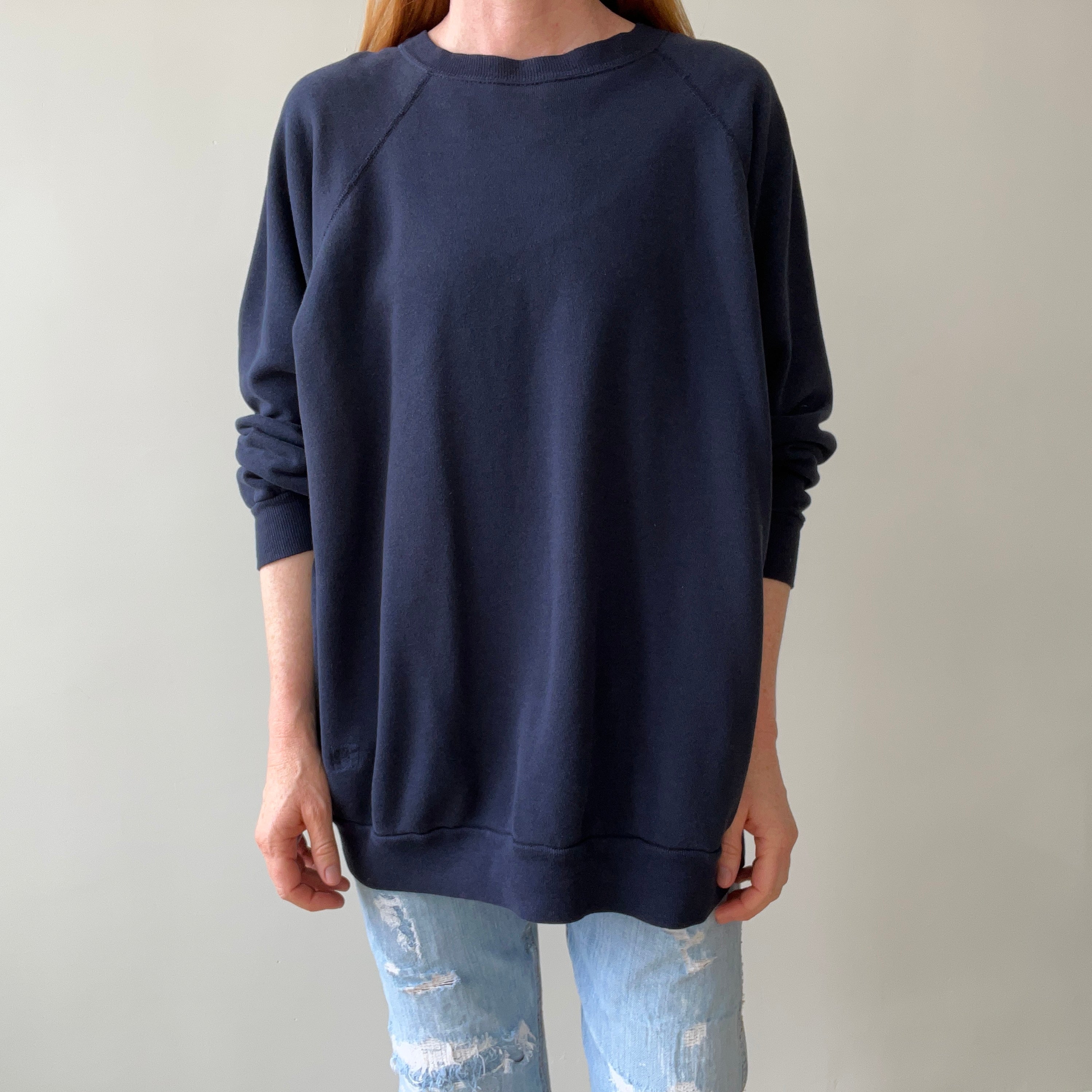 1980s Beat Up and Mended Slouchy Larger Fit Navy Raglan Sweatshirt