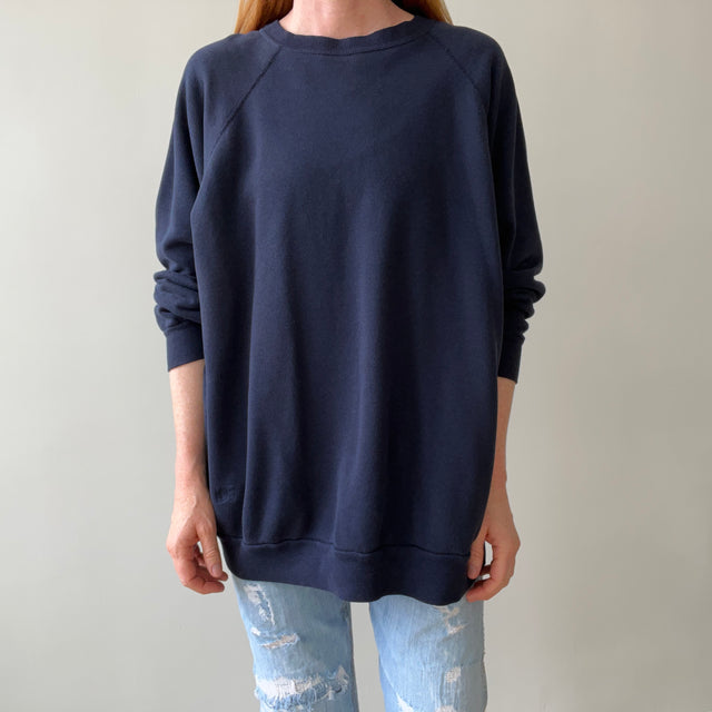 1980s Beat Up and Mended Slouchy Larger Fit Navy Raglan Sweatshirt