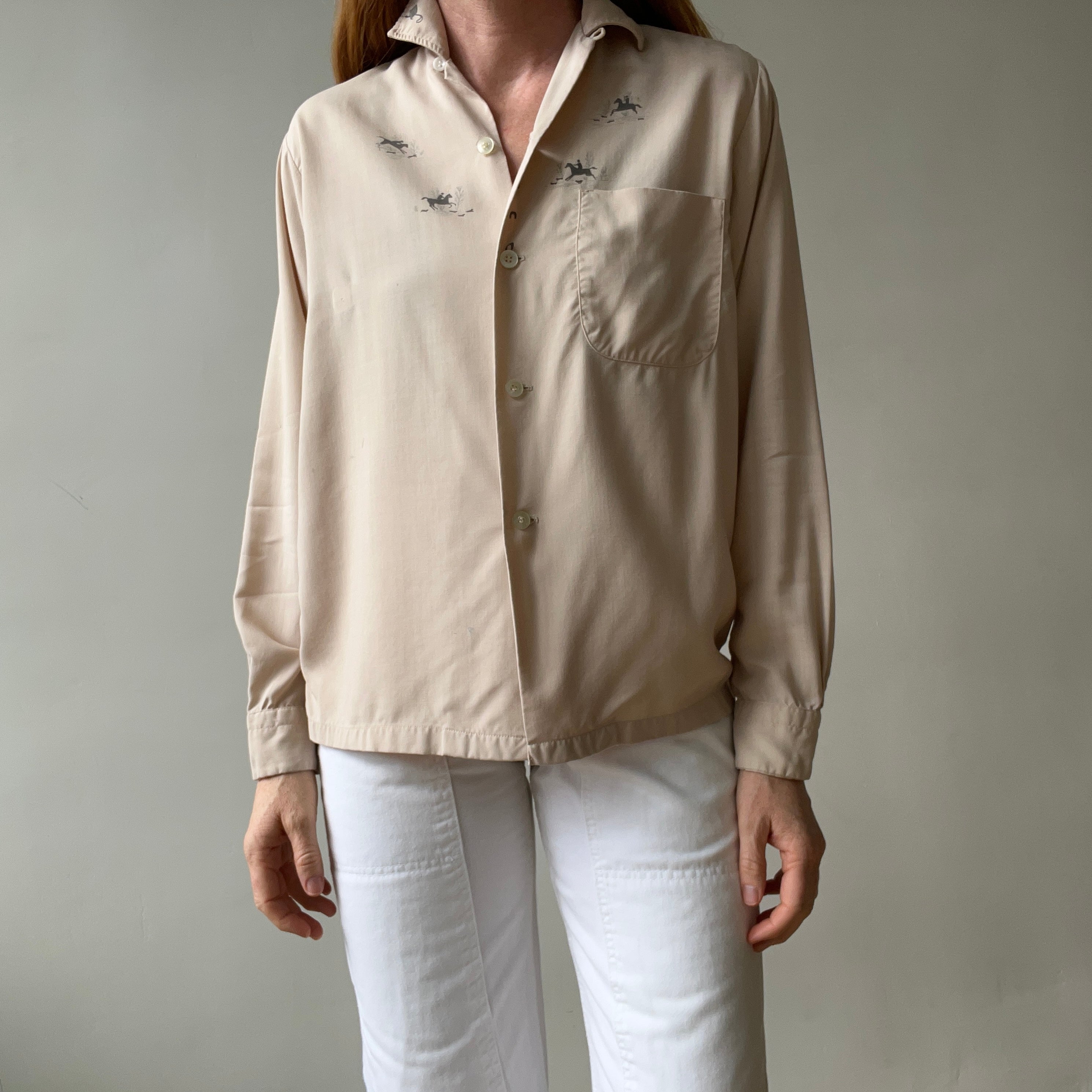 1950s Tan Rayon Loop Collar Horse Button Up Shirt - TINA COLLECTION