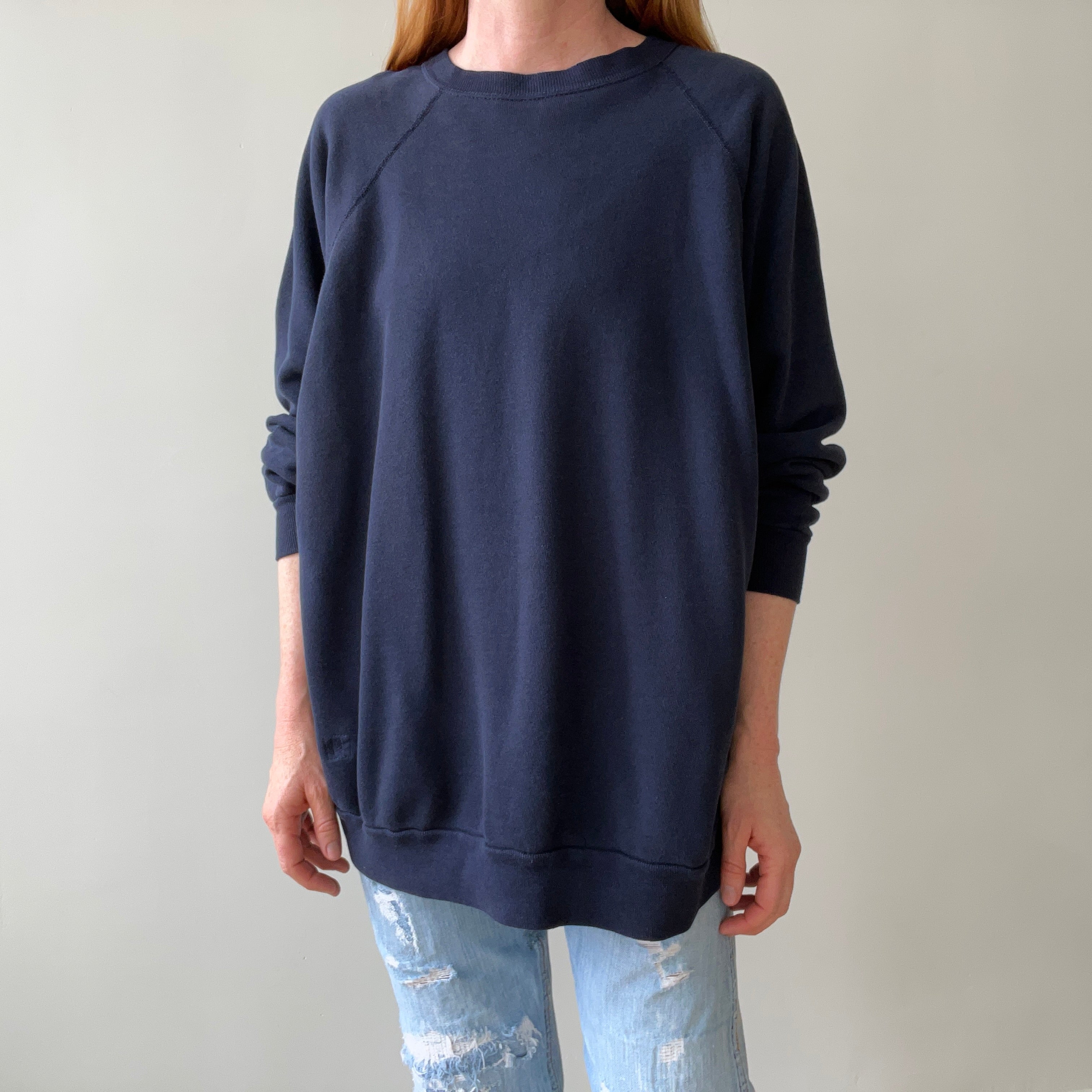 1980s Beat Up and Mended Slouchy Larger Fit Navy Raglan Sweatshirt