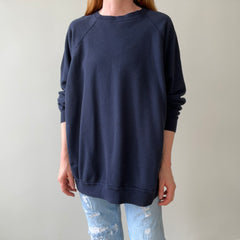 1980s Beat Up and Mended Slouchy Larger Fit Navy Raglan Sweatshirt