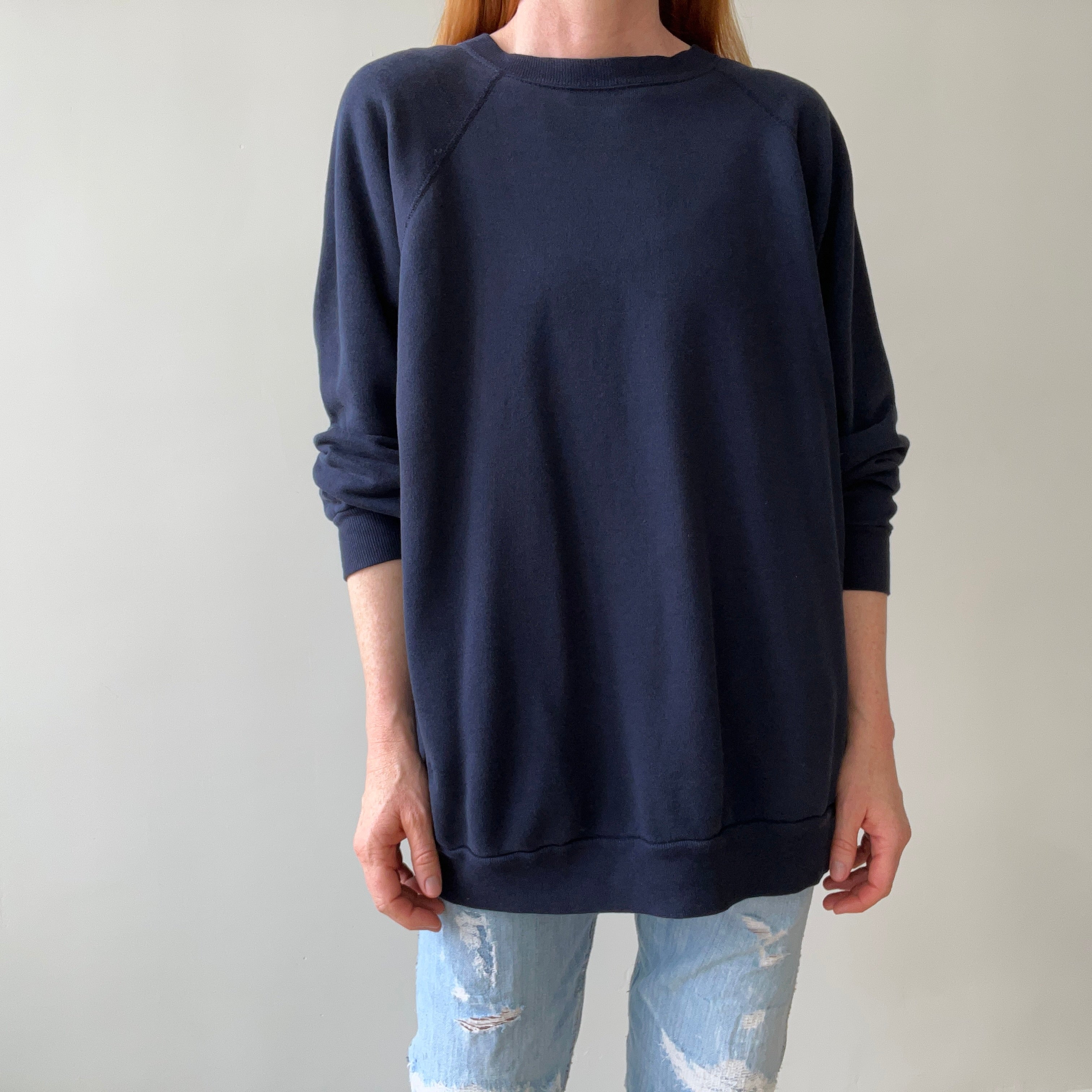 1980s Beat Up and Mended Slouchy Larger Fit Navy Raglan Sweatshirt