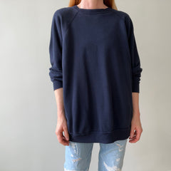 1980s Beat Up and Mended Slouchy Larger Fit Navy Raglan Sweatshirt