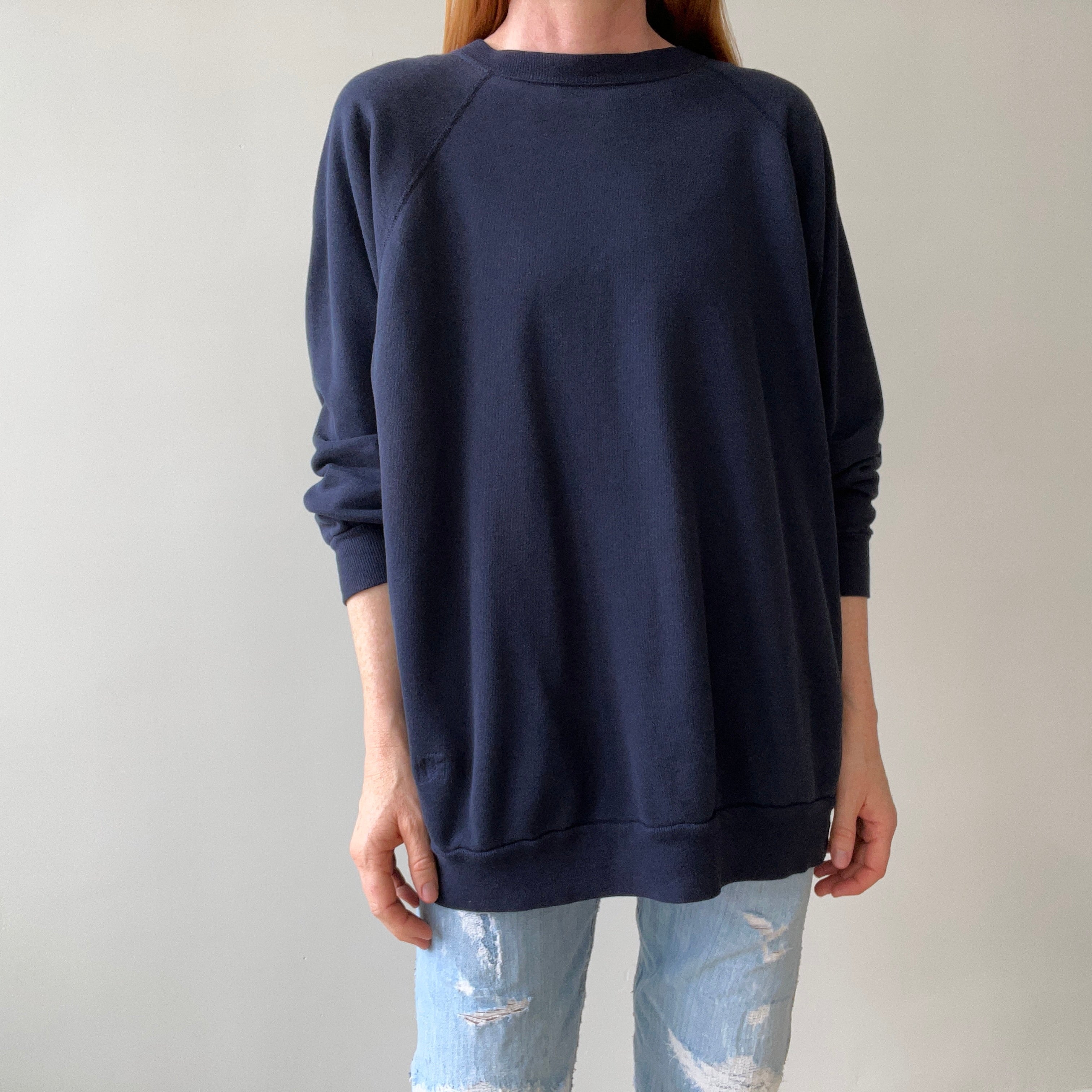 1980s Beat Up and Mended Slouchy Larger Fit Navy Raglan Sweatshirt