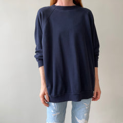 1980s Beat Up and Mended Slouchy Larger Fit Navy Raglan Sweatshirt