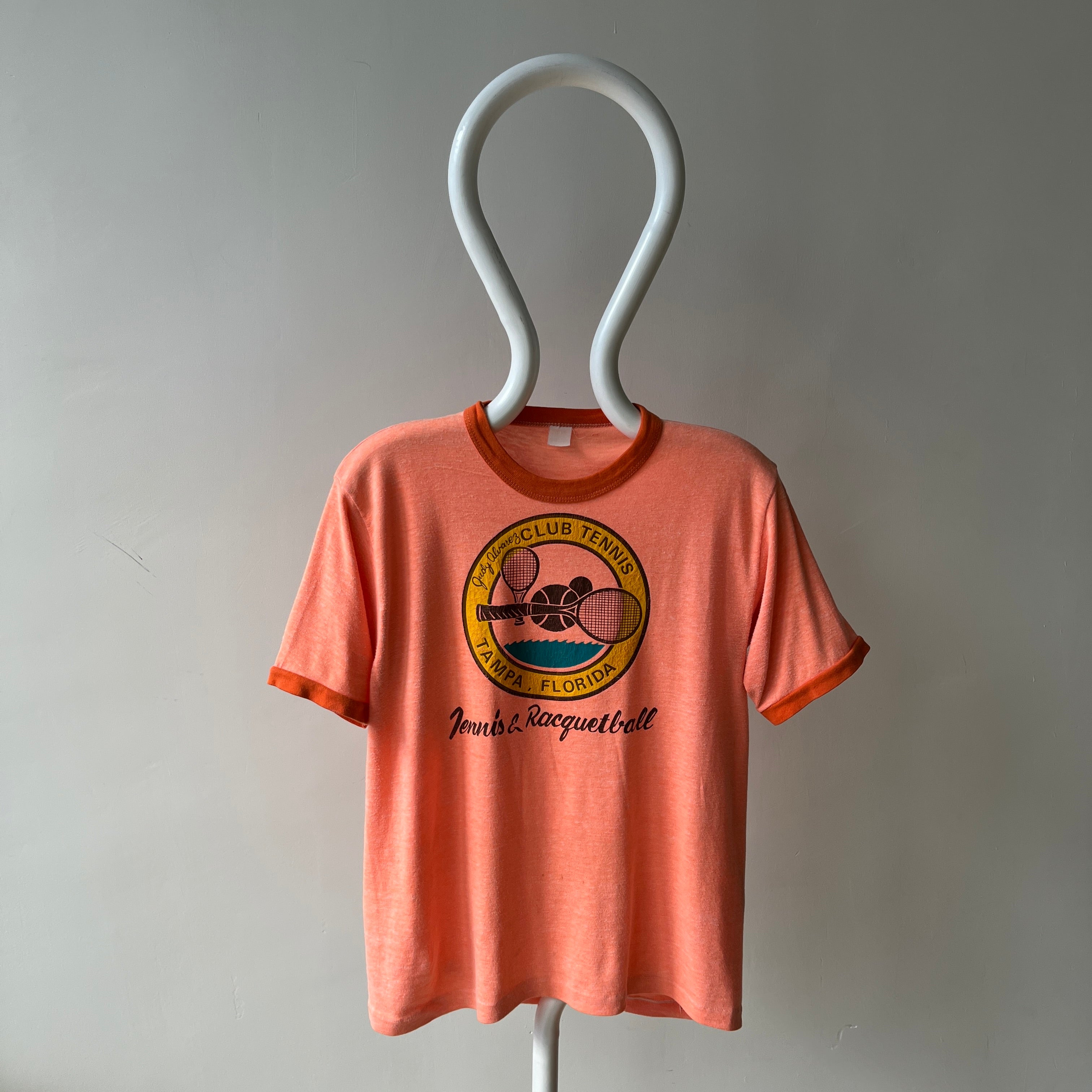 1970/80s Super Cool Judy Alvarez Club Tennis and Racquetball Ring T-Shirt - Backside too!