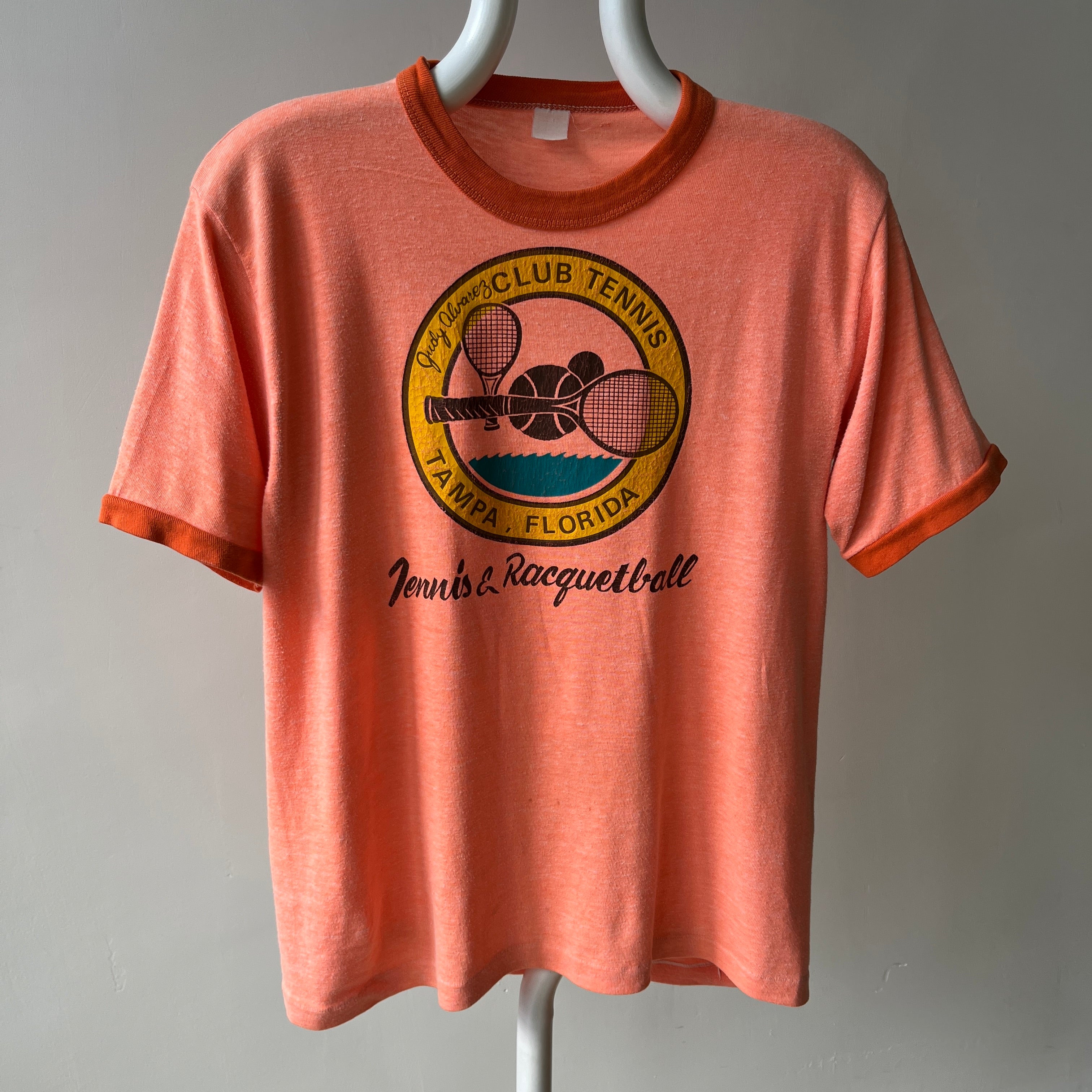 1970/80s Super Cool Judy Alvarez Club Tennis and Racquetball Ring T-Shirt - Backside too!
