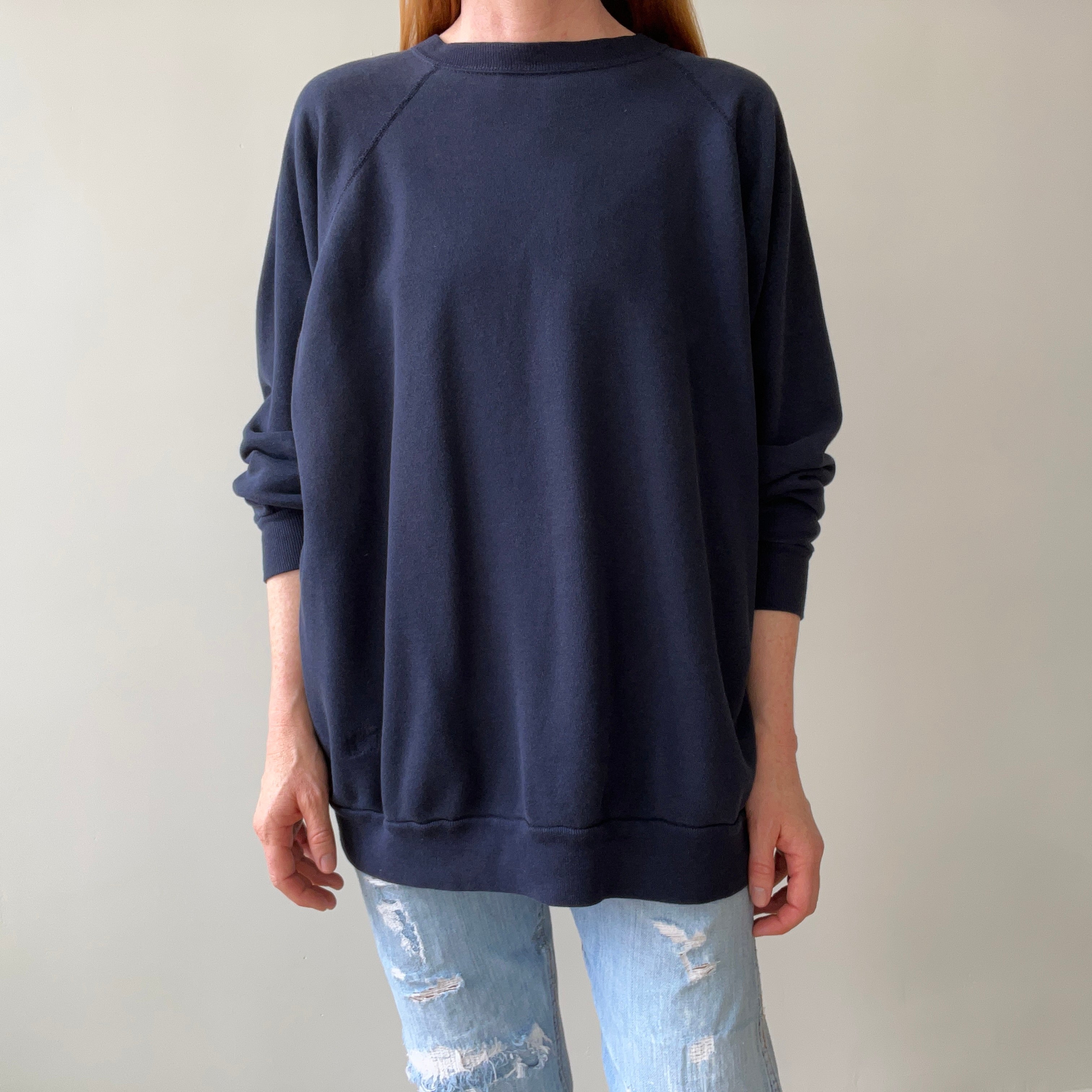 1980s Beat Up and Mended Slouchy Larger Fit Navy Raglan Sweatshirt