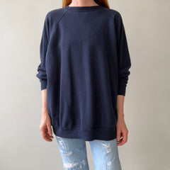 1980s Beat Up and Mended Slouchy Larger Fit Navy Raglan Sweatshirt