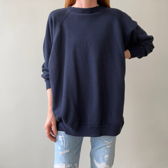 1980s Beat Up and Mended Slouchy Larger Fit Navy Raglan Sweatshirt