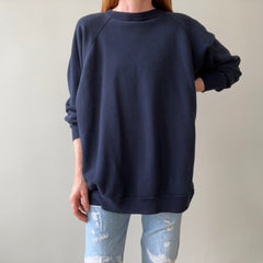 1980s Beat Up and Mended Slouchy Larger Fit Navy Raglan Sweatshirt