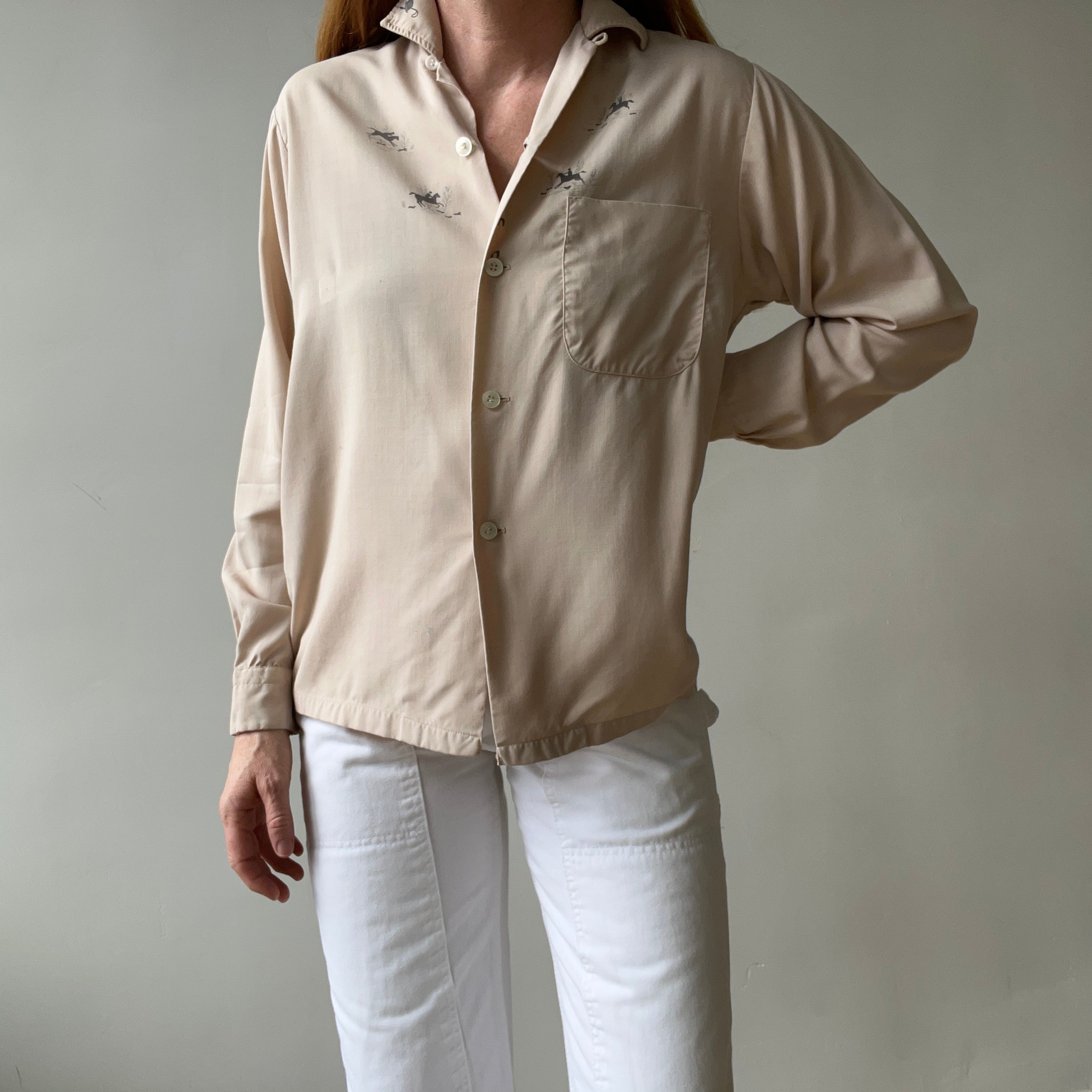 1950s Tan Rayon Loop Collar Horse Button Up Shirt - TINA COLLECTION