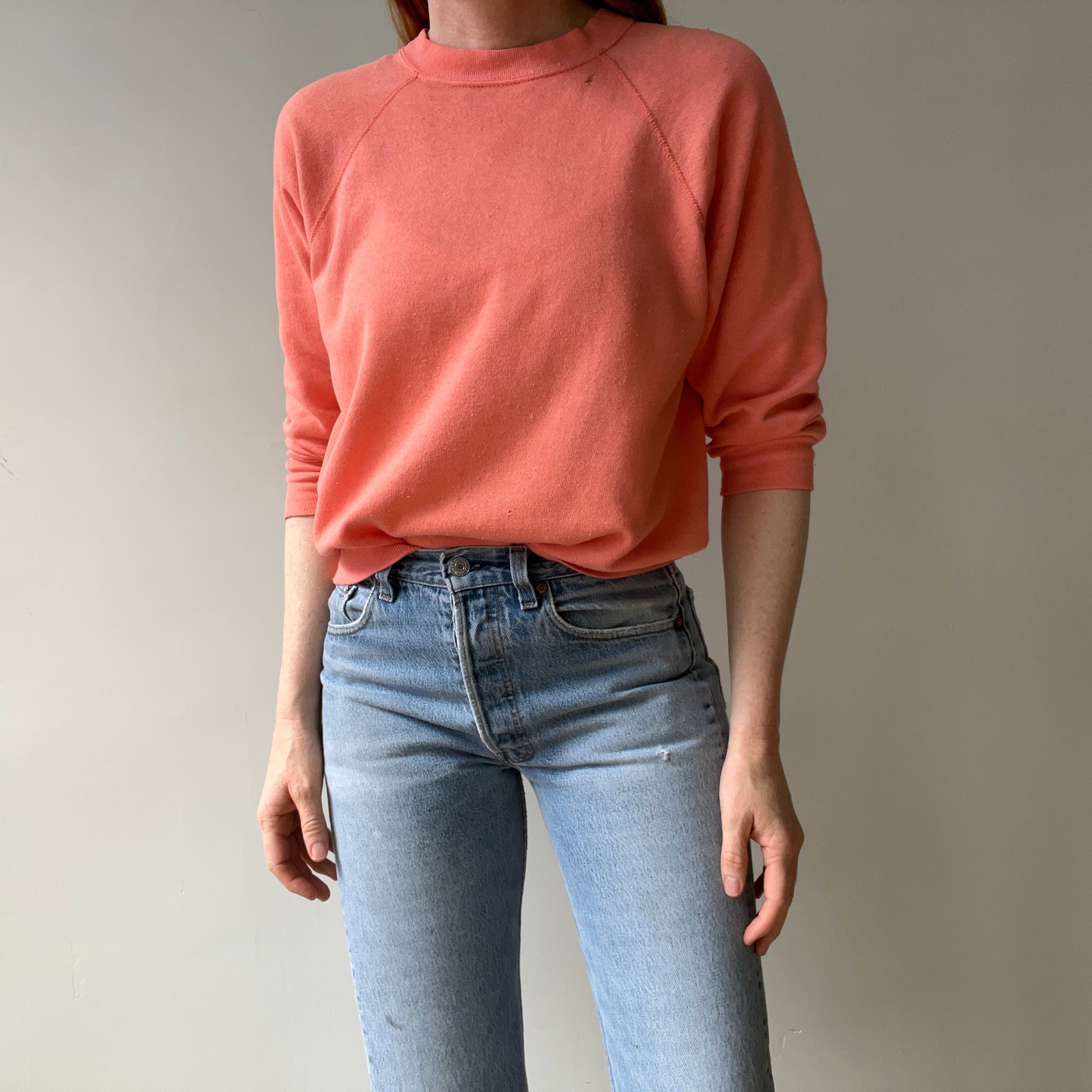 1980s Creamsicle Orange Thinned Out Tattered and Worn Raglan Sweatshirt
