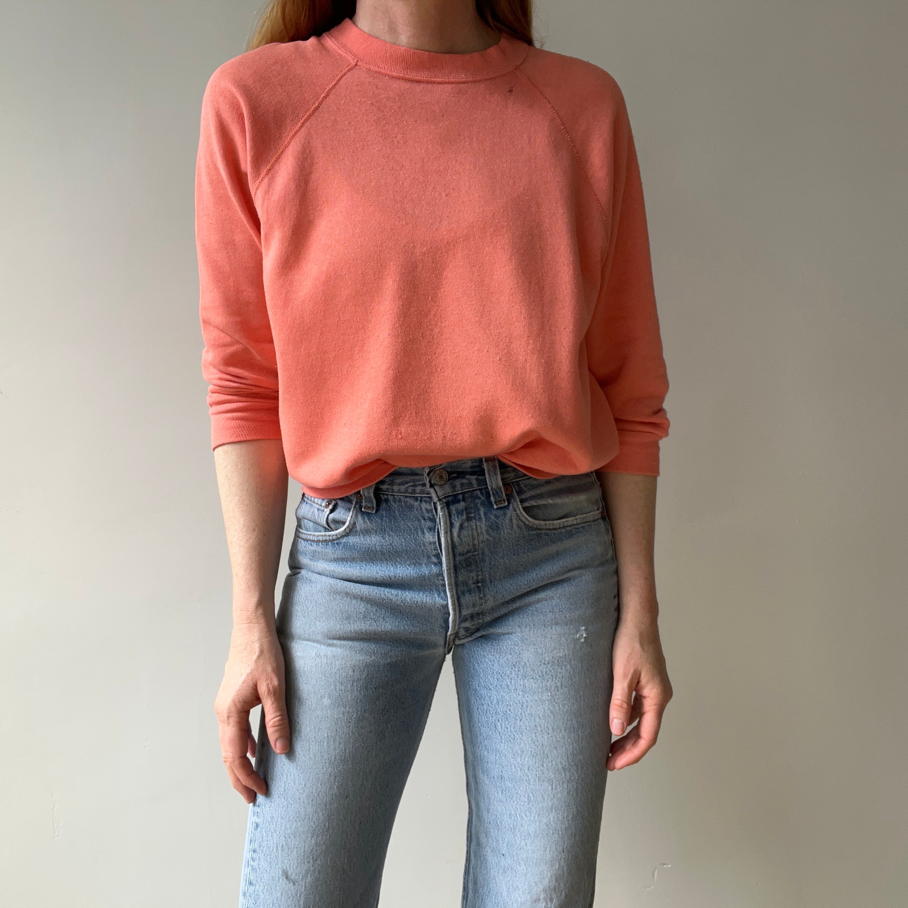1980s Creamsicle Orange Thinned Out Tattered and Worn Raglan Sweatshirt