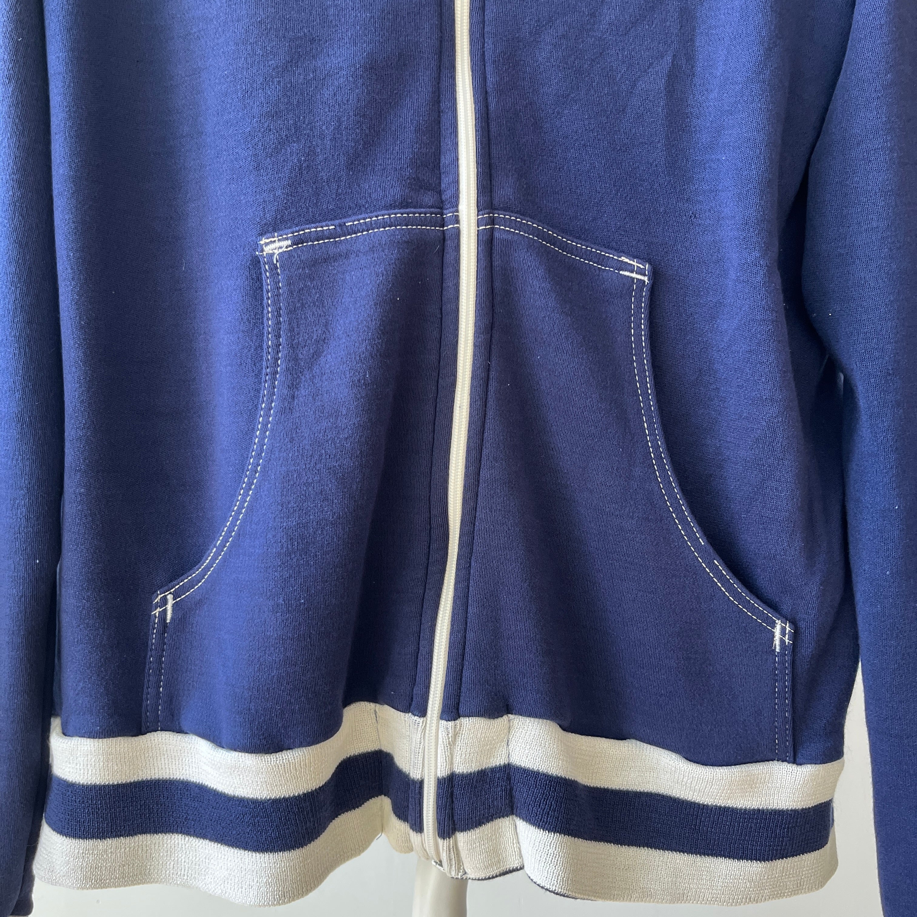 1970s Navy and White Super Soft Zip Warm Up Sweatshirt