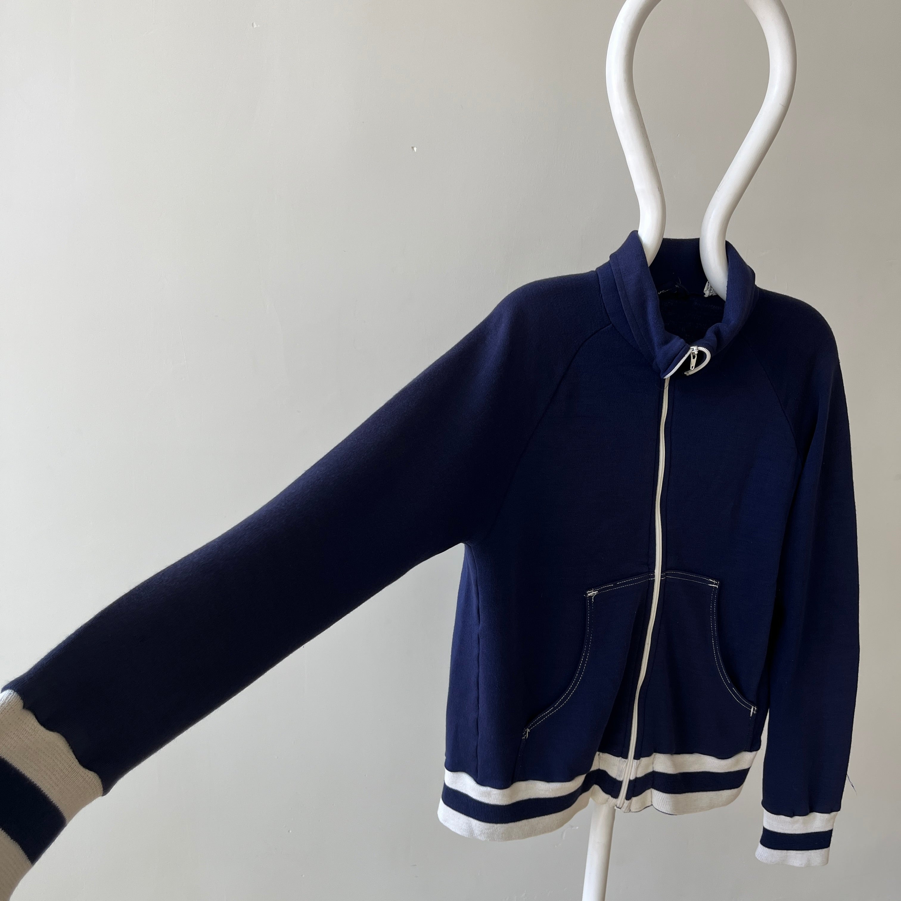 1970s Navy and White Super Soft Zip Warm Up Sweatshirt