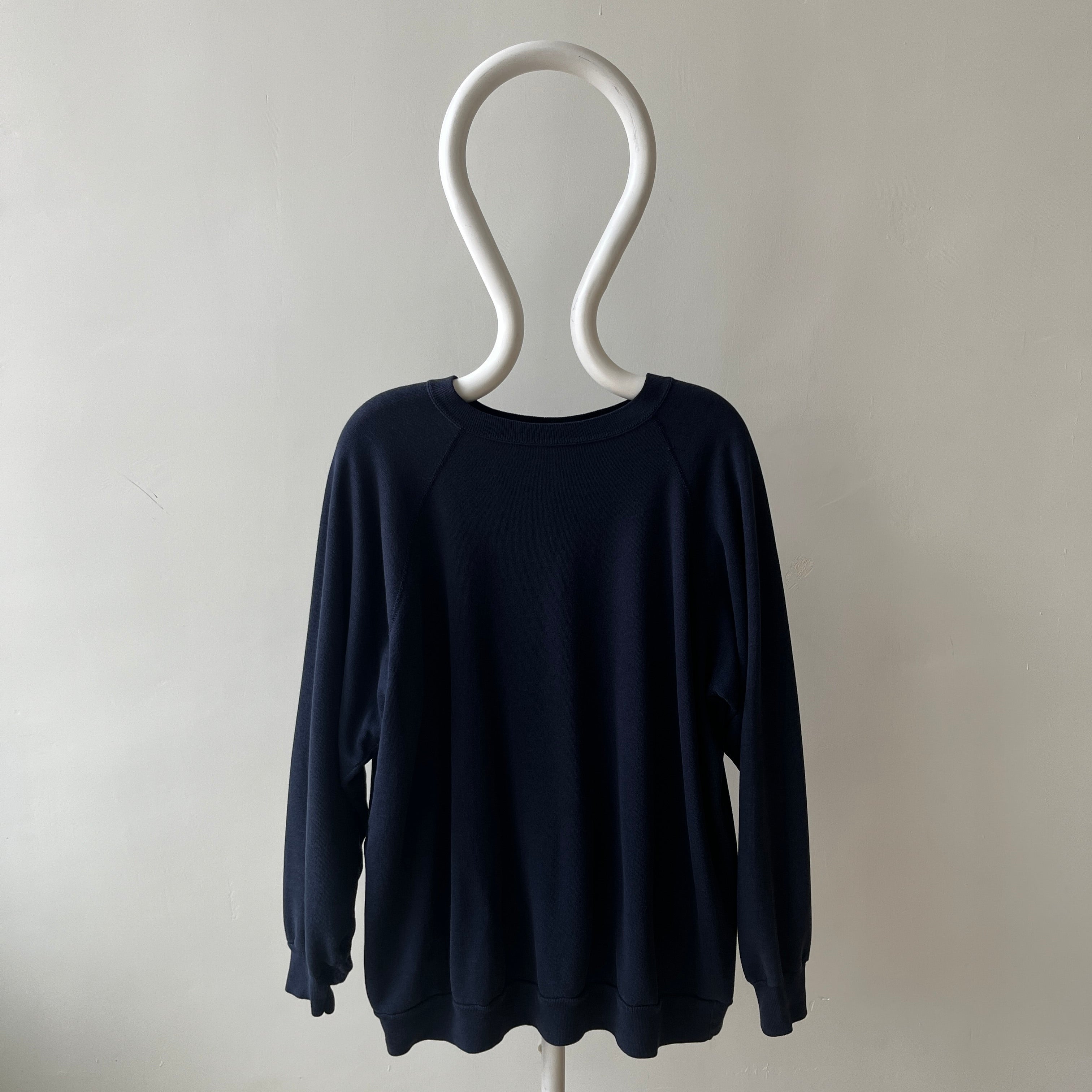 1980s Beat Up and Mended Slouchy Larger Fit Navy Raglan Sweatshirt